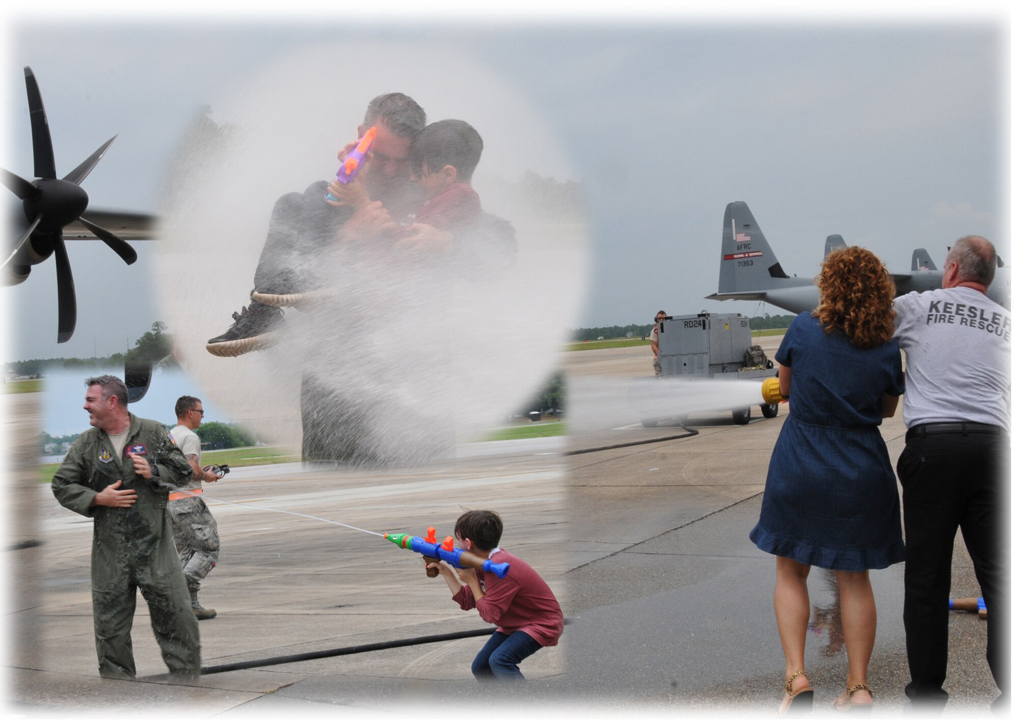 Col. Brian May, 403rd Operations Group commander, completed his "fini flight" in a WC-130J Super Hercules today May 10, 2019, and received the first soaking from his youngest son, Dario, who got paid back when dad grabbed him up to get soaked as they both ended up drenched by May's wife, Kathy.  He has been the 403rd OG commander since August 2016 and was responsible for the readiness and effectiveness of the 5th and 12th Operational Weather Flights, 36th Aeromedical Evacuation Squadron, the 53rd Weather Reconnaissance Squadron, and the 815th Airlift Squadron. (U.S. Air Force photo illustration by Jessica L. Kendziorek)