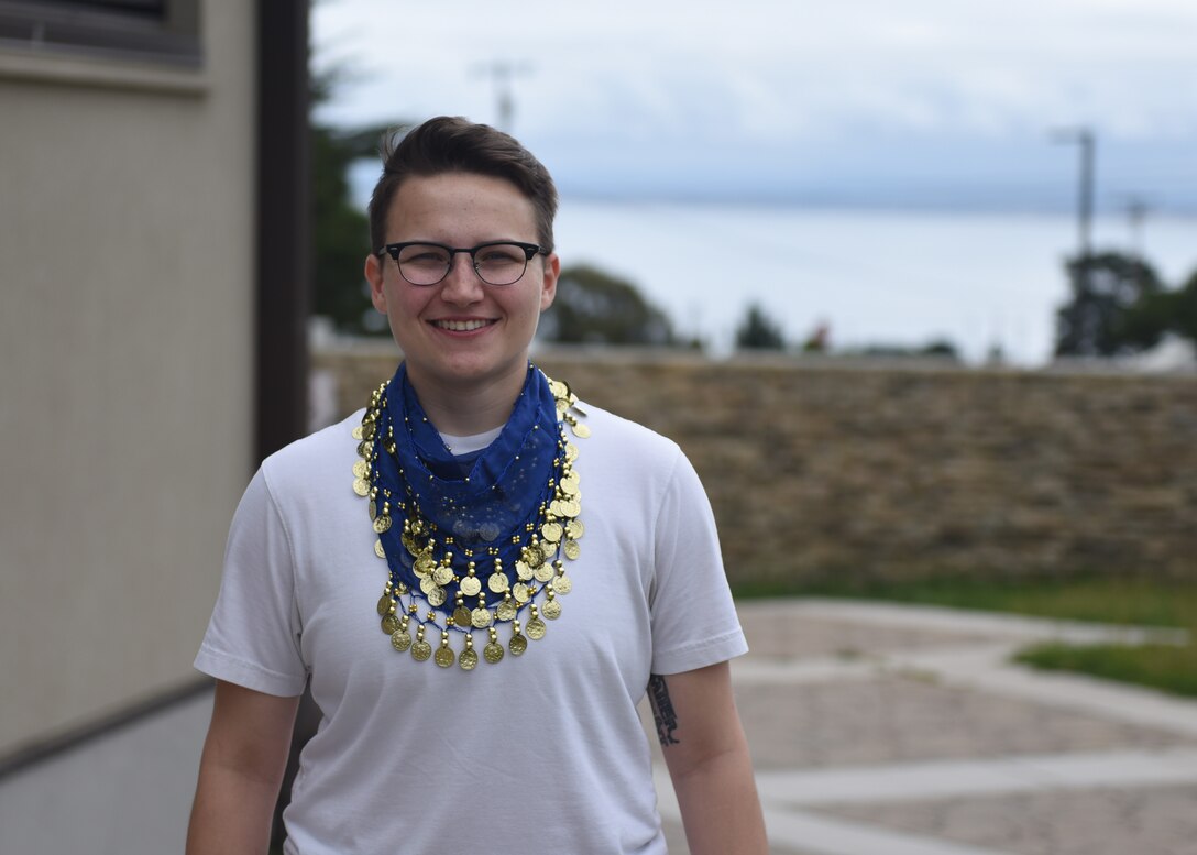 Airman 1st Class Emilee Kemmerer, 311th Training Squadron student, is studying Levantine Arabic and participated in Language Day, along with other members from her class, by doing a dabke, which is a Lebanese folk dance, during the event at Presidio of Monterey, Calif., May 10, 2019. Throughout the day students performed dances and songs of the cultures that they studied. (U.S. Air Force photo by Airman 1st Class Zachary Chapman/Released)