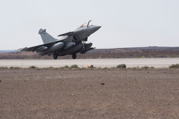 A French Rafale fighter jet takes off from an air base in Southwest Asia. Two Rafales destroyed Daesh tunnels in Iraq April 4. The fighters provide overwatch and close air support for ground troops.