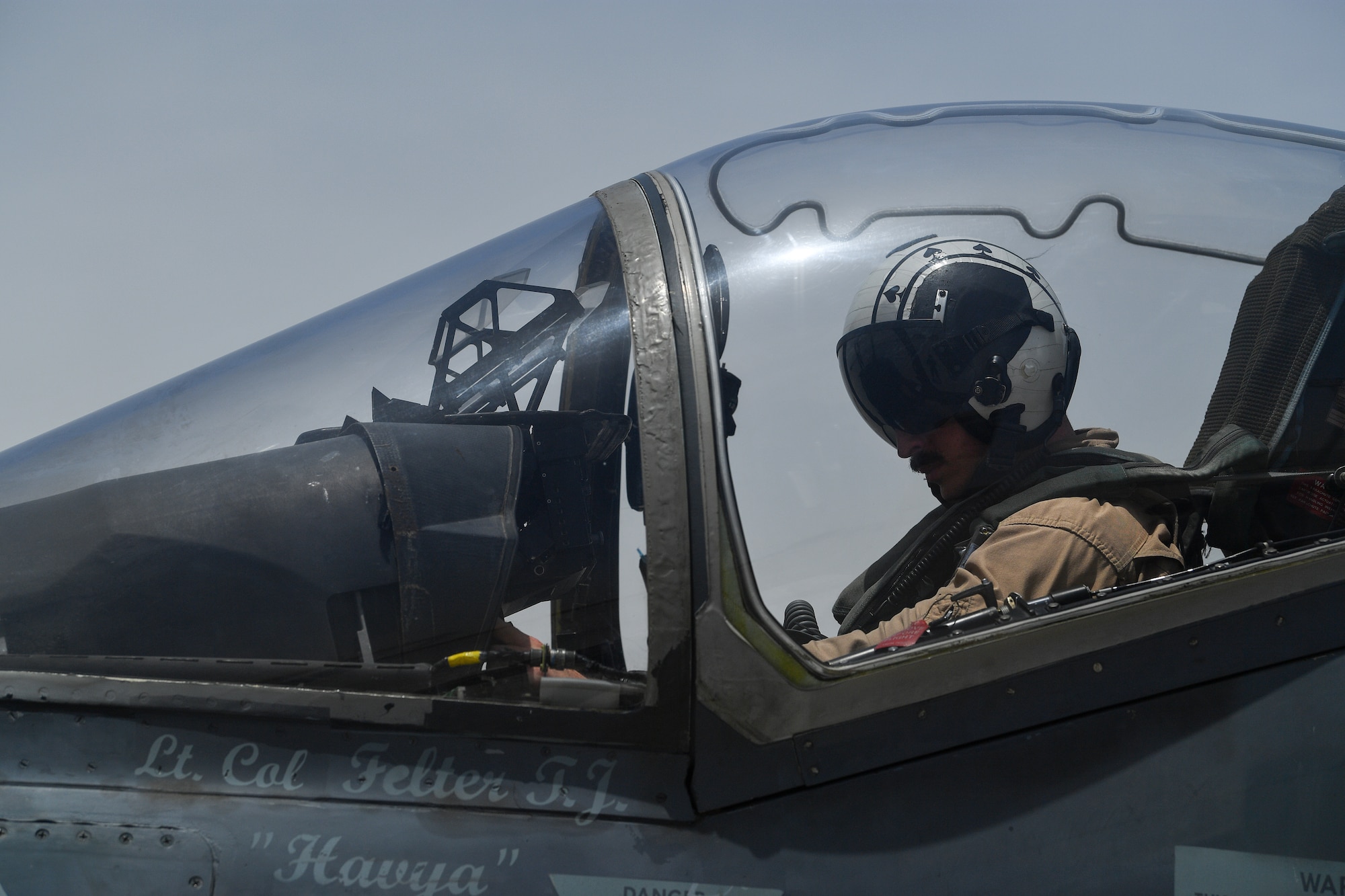 A U.S. Marine prepares to take off in an AV-8B Harrier II during Desert Flag 19-2 in Southwest Asia, April 28, 2019. Desert Flag is designed to exercise combined Air Forces in military operations to enhance competence and strengthen military-to-military relationships and regional security.