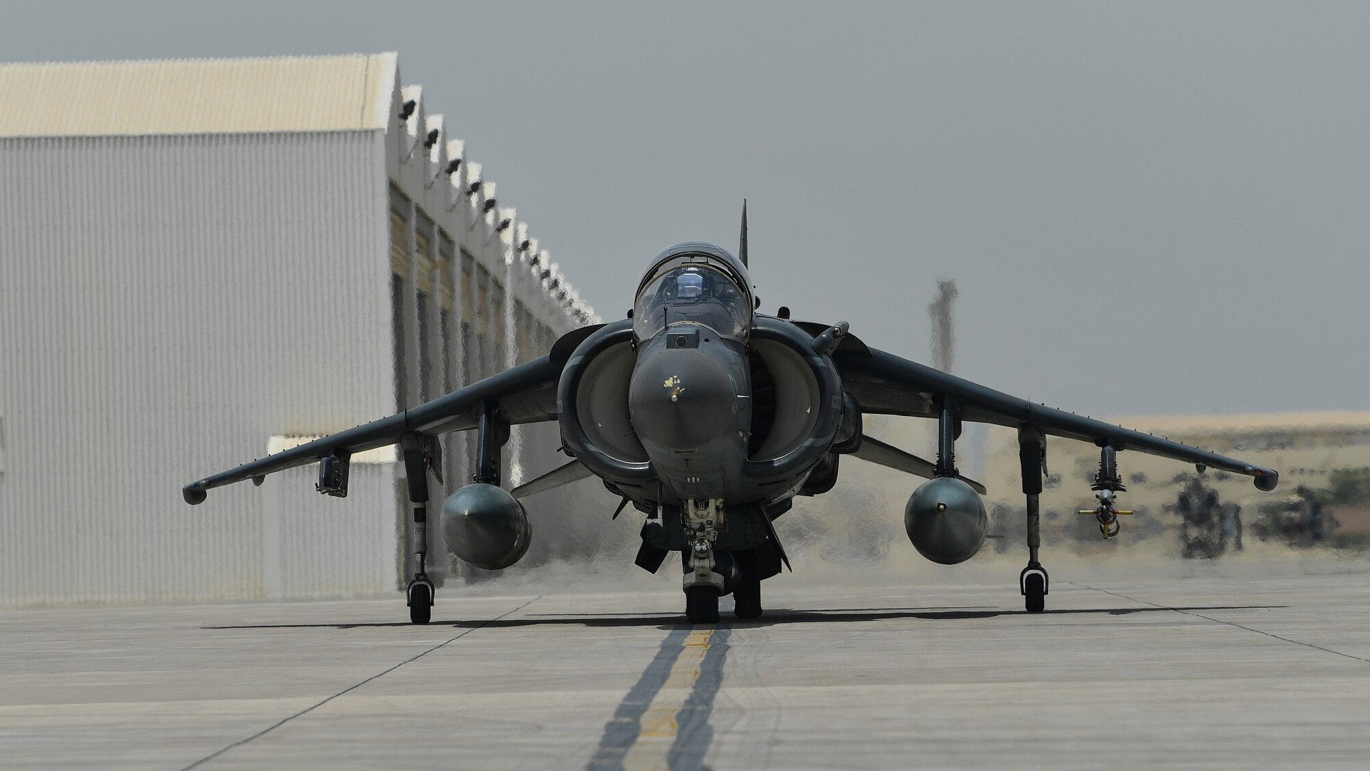 A U.S. Marine Corps AV-8B Harrier II taxies down the flightline during Desert Flag 19-2 in Southwest Asia, April 28, 2019. Desert Flag is designed to exercise combined Air Forces in military operations to enhance competence and strengthen military-to-military relationships and regional security.