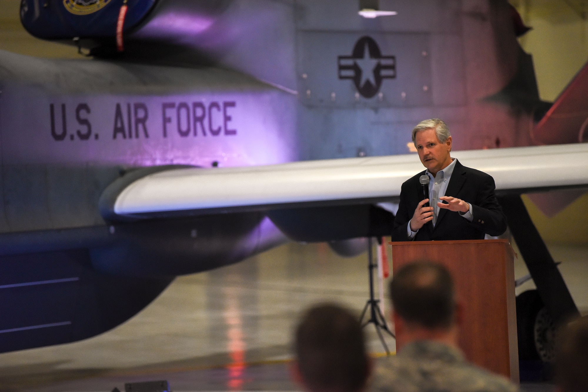John Hoeven, U.S. Senator of North Dakota, spoke with Air Force leadership and Grand Forks community partners at Grand Forks Air Force Base, North Dakota, prior to the announcement of the upcoming 319th Air Base Wing’s re-designation to the 319th Reconnaissance Wing May 11, 2019. The official re-designation ceremony is scheduled for June 28, 2019, the effective date of re-designation. (U.S. Air Force photo by Staff Sergeant Michael Reeves Jr.)