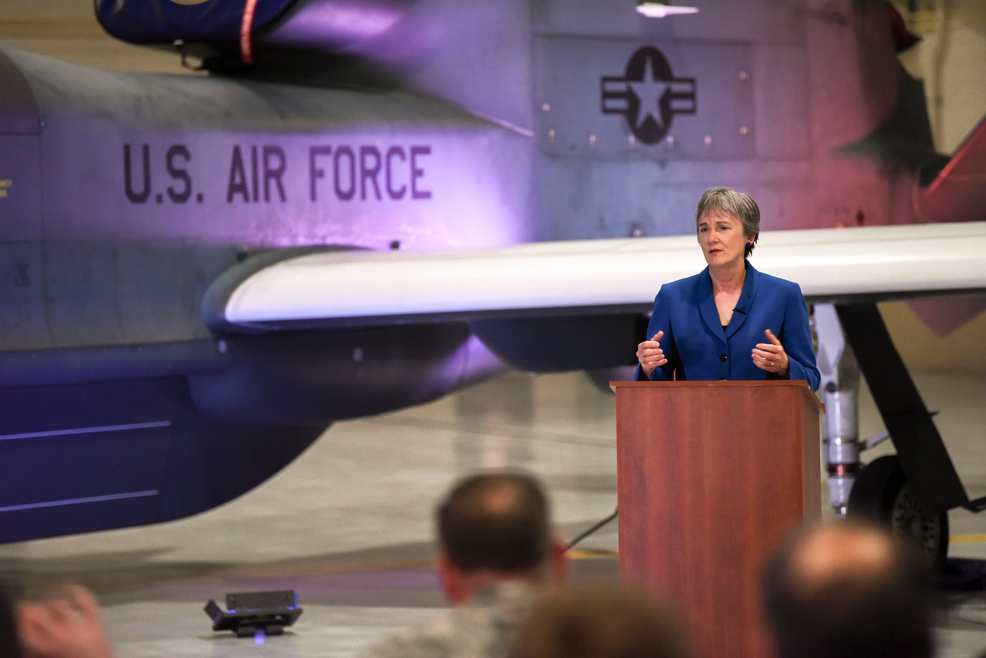 Heather Wilson, Secretary of the Air Force, announced the 319th Air Base Wing’s upcoming re-designation to the 319th Reconnaissance Wing May 11, 2019 at Grand Forks Air Force Base, North Dakota. The re-designation, initiated by Commander Air Combat Command Gen. Mike Holmes, aligns Grand Forks AFB’s host wing and the 69th Reconnaissance Group.  The 69 RG, which flies the high-altitude, remotely-piloted RQ-4 Global Hawk aircraft, has been aligned under the 9th Reconnaissance Wing at Beale Air Force Base, California, since it initiated operations as a tenant at Grand Forks AFB in 2011. The official re-designation ceremony is scheduled for June 28, 2019, the effective date of re-designation. (U.S. Air Force photo by Staff Sergeant Michael Reeves Jr.)