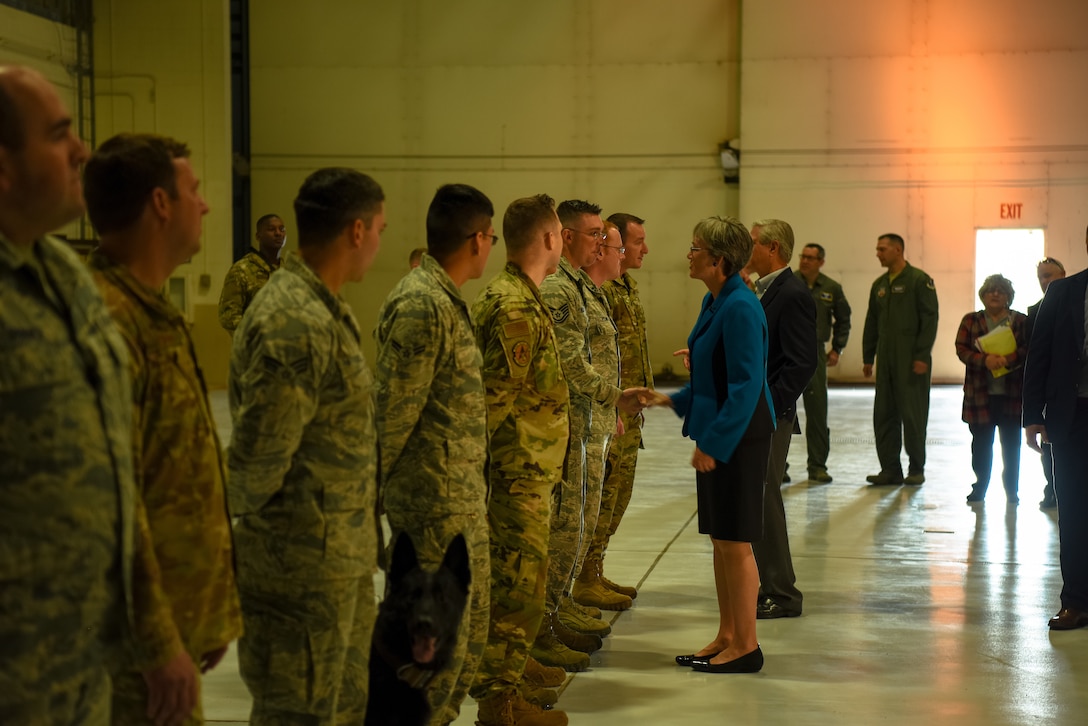 Heather Wilson, Secretary of the Air Force, met with Airmen after announcing the 319th Air Base Wing’s re-designation to the 319th Reconnaissance Wing May 11, 2019 at Grand Forks Air Force Base, North Dakota. The official re-designation ceremony is scheduled for June 28, 2019, the effective date of re-designation. (U.S. Air Force photo by Senior Airman Elijiah Tiggs)