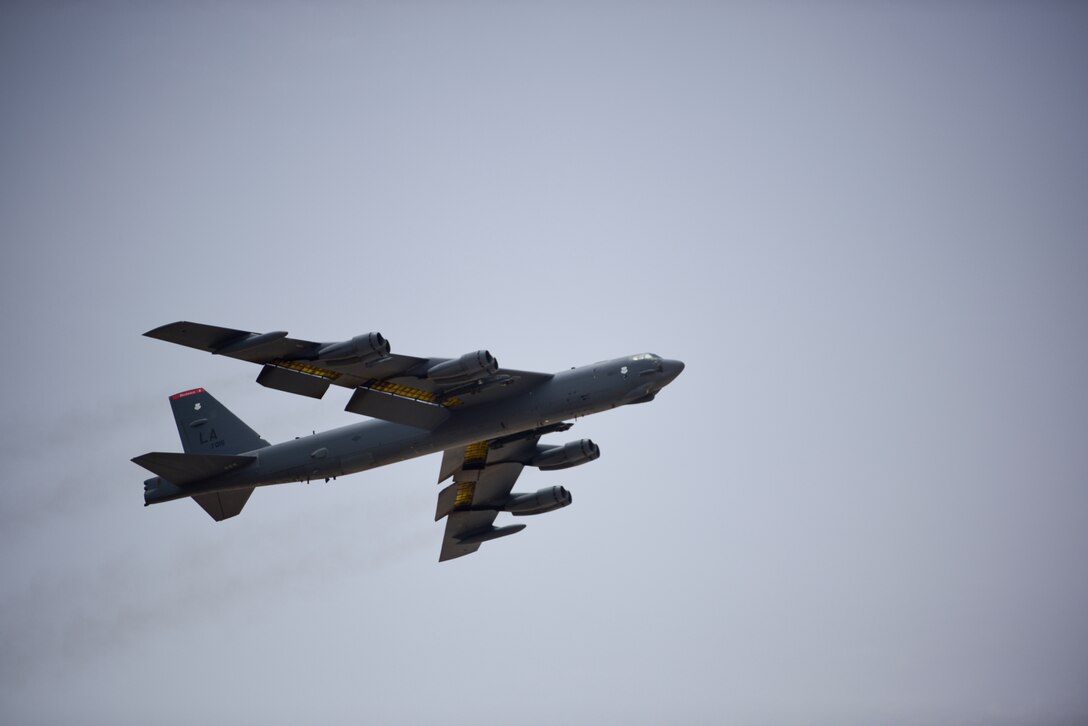 A photo of B-52 bomber taking off.