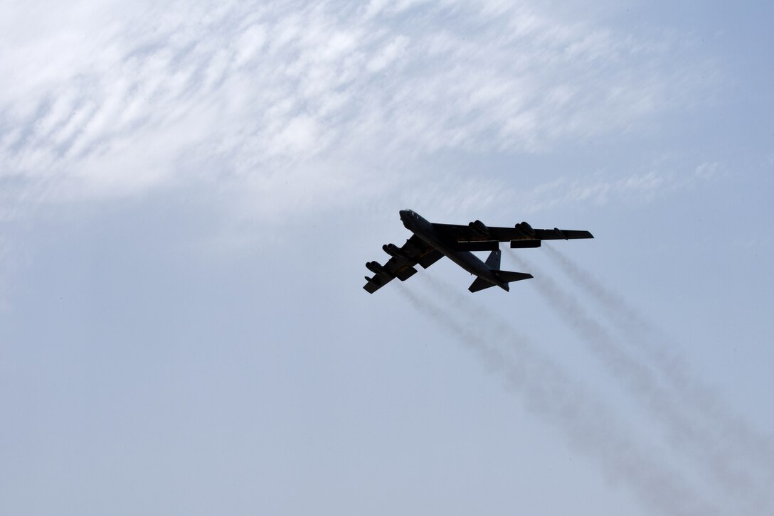 A photo of B-52 Bomber taking off.