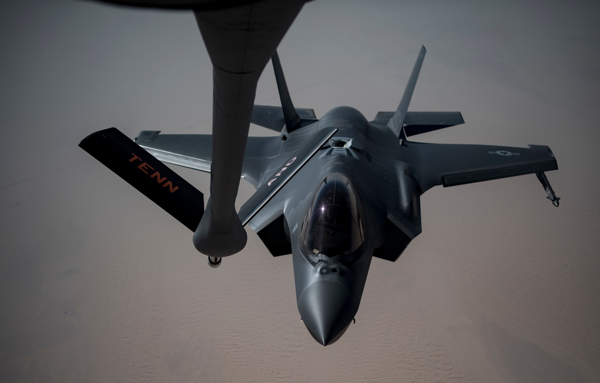 A photo of an F-35A preparing for a midair refueling.