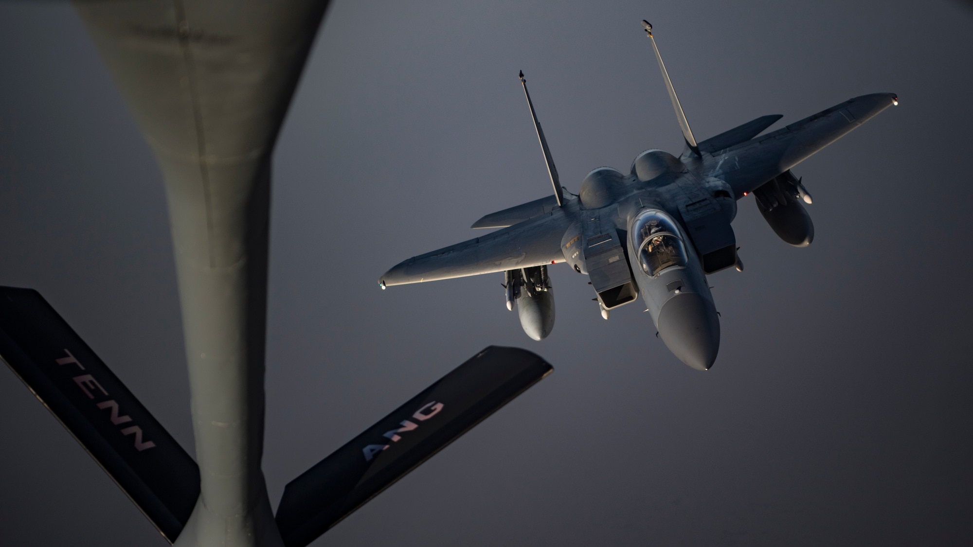 A photo of F-15 preparing to midair refuel.