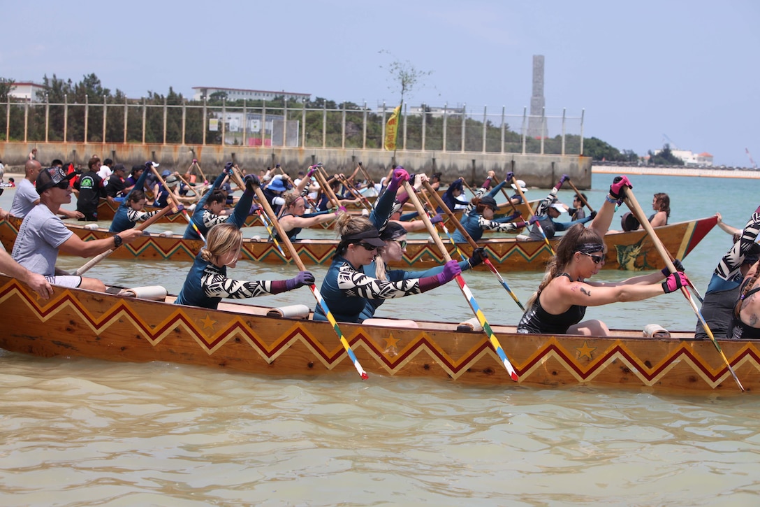 Three American teams made to the women’s final and there were waiting for a signal to start the race. Members of the local and U.S. communities on Okinawa took part in Dragon Boat Races May 12, 2019, in Henoko, Okinawa, Japan.