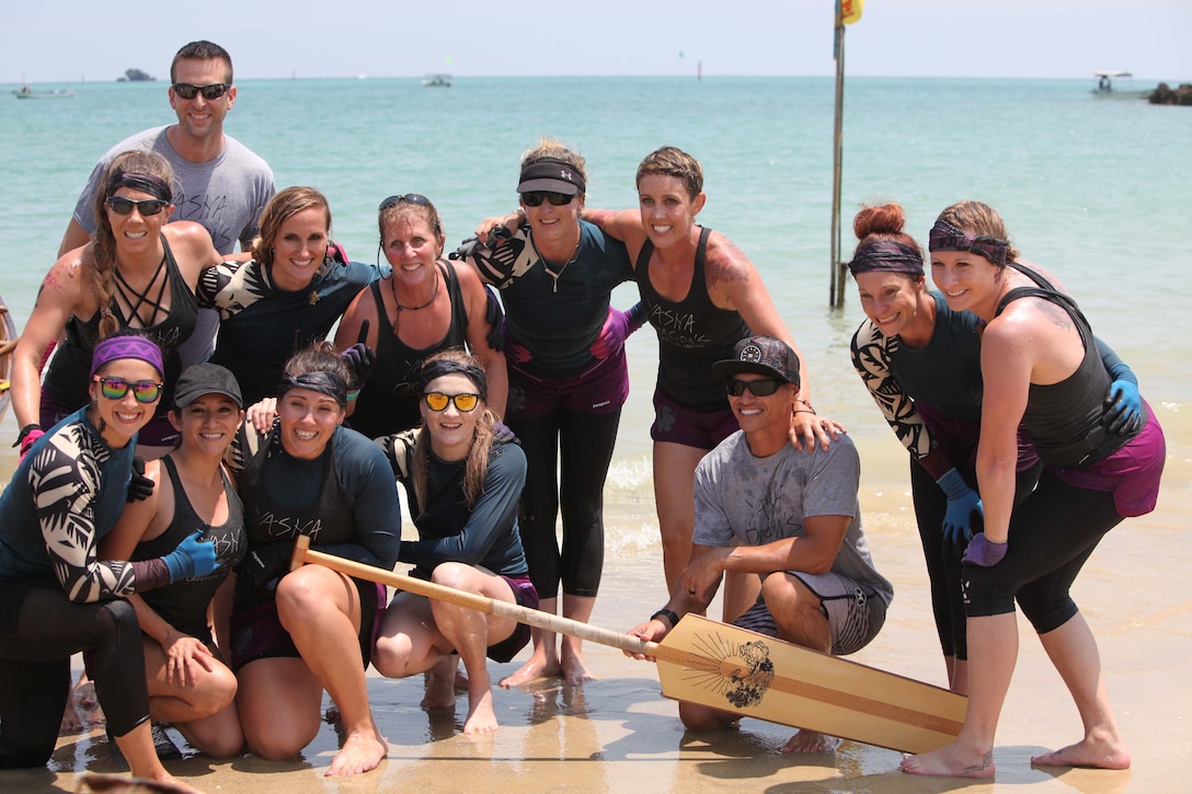 The Yasha Dragons team won a women’s division title and posed for a victory after the race. Members of the local and U.S. communities on Okinawa took part in Dragon Boat Races May 12, 2019, in Henoko, Okinawa, Japan.