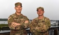 U.S. Army Maj. Nathan Gunter, left, and U.S. Army Sgt. 1st Class Jeremy Graham, both 497th Operations Support Squadron ground liaison officers, stand together for a photo May 13, 2019 at Joint Base Langley-Eustis, Virginia. In daily operations, U.S. Army ground liaison officers assist U.S. Air Force intelligence Airmen by translating Army operational and tactical terminology and graphics in operations orders to verbiage that Airmen can understand. Ultimately, the U.S. Army’s ground liaison mission creates a strategic enabler for senior leaders in multiple services. They serve as the air component’s touchpoint with the land component and help ensure a multi-domain perspective is applied when planning and executing air operations. (U.S. Air Force photo by Tech. Sgt. Nick Wilson)