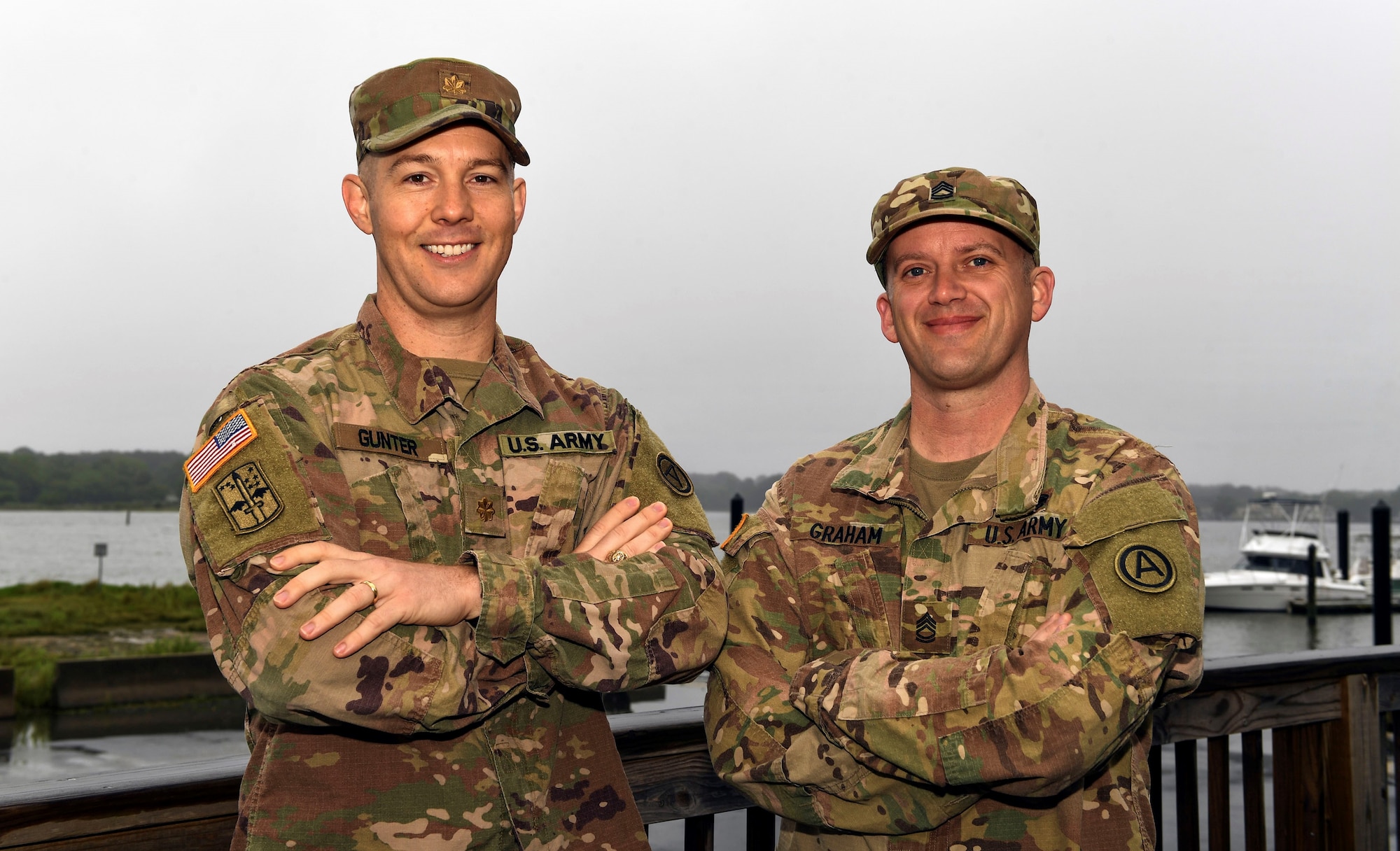 U.S. Army Maj. Nathan Gunter, left, and U.S. Army Sgt. 1st Class Jeremy Graham, both 497th Operations Support Squadron ground liaison officers, stand together for a photo May 13, 2019 at Joint Base Langley-Eustis, Virginia. In daily operations, U.S. Army ground liaison officers assist U.S. Air Force intelligence Airmen by translating Army operational and tactical terminology and graphics in operations orders to verbiage that Airmen can understand. Ultimately, the U.S. Army’s ground liaison mission creates a strategic enabler for senior leaders in multiple services. They serve as the air component’s touchpoint with the land component and help ensure a multi-domain perspective is applied when planning and executing air operations. (U.S. Air Force photo by Tech. Sgt. Nick Wilson)