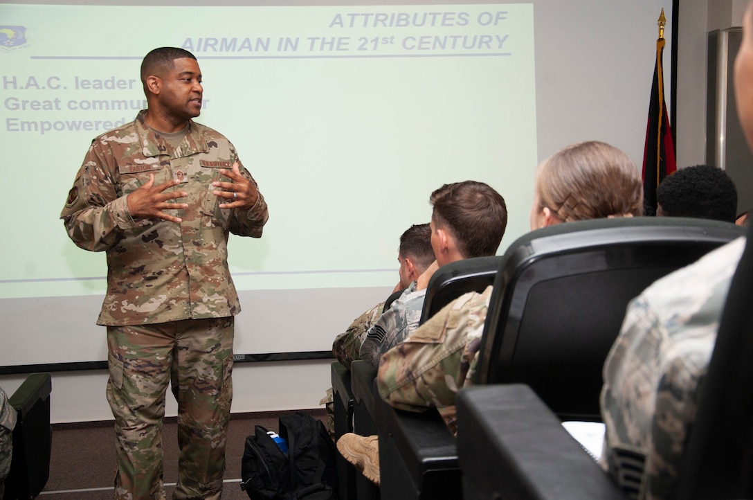 Chief Master Sgt. Phillip Easton, U.S. Air Forces in Europe and Air Forces Africa command chief, speaks to junior noncommissioned officers.