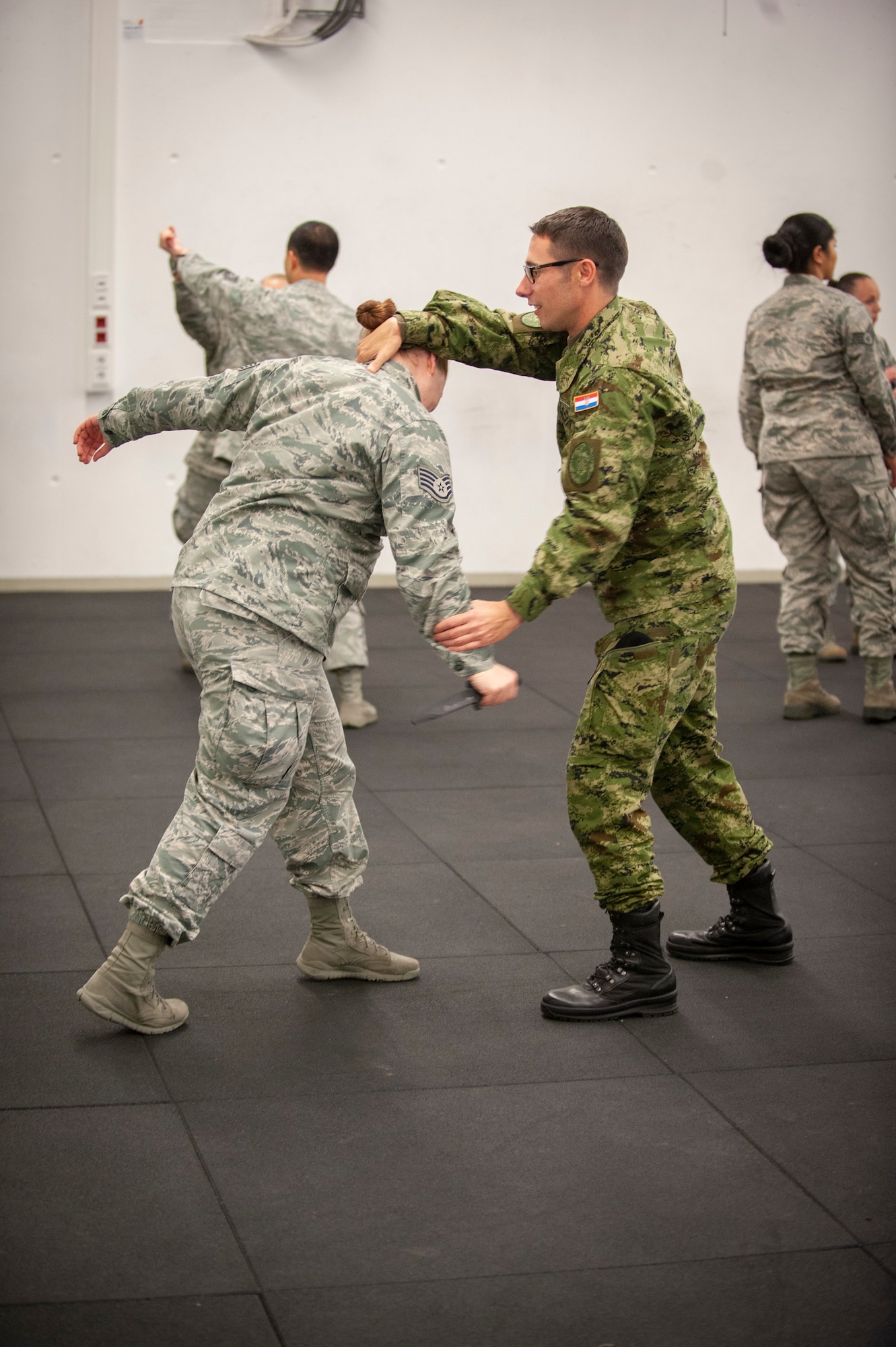 Croatian Air Force Sergeant Ivan Milin attempts to disarm a simulated attacker with a plastic weapon during Krav Maga training.