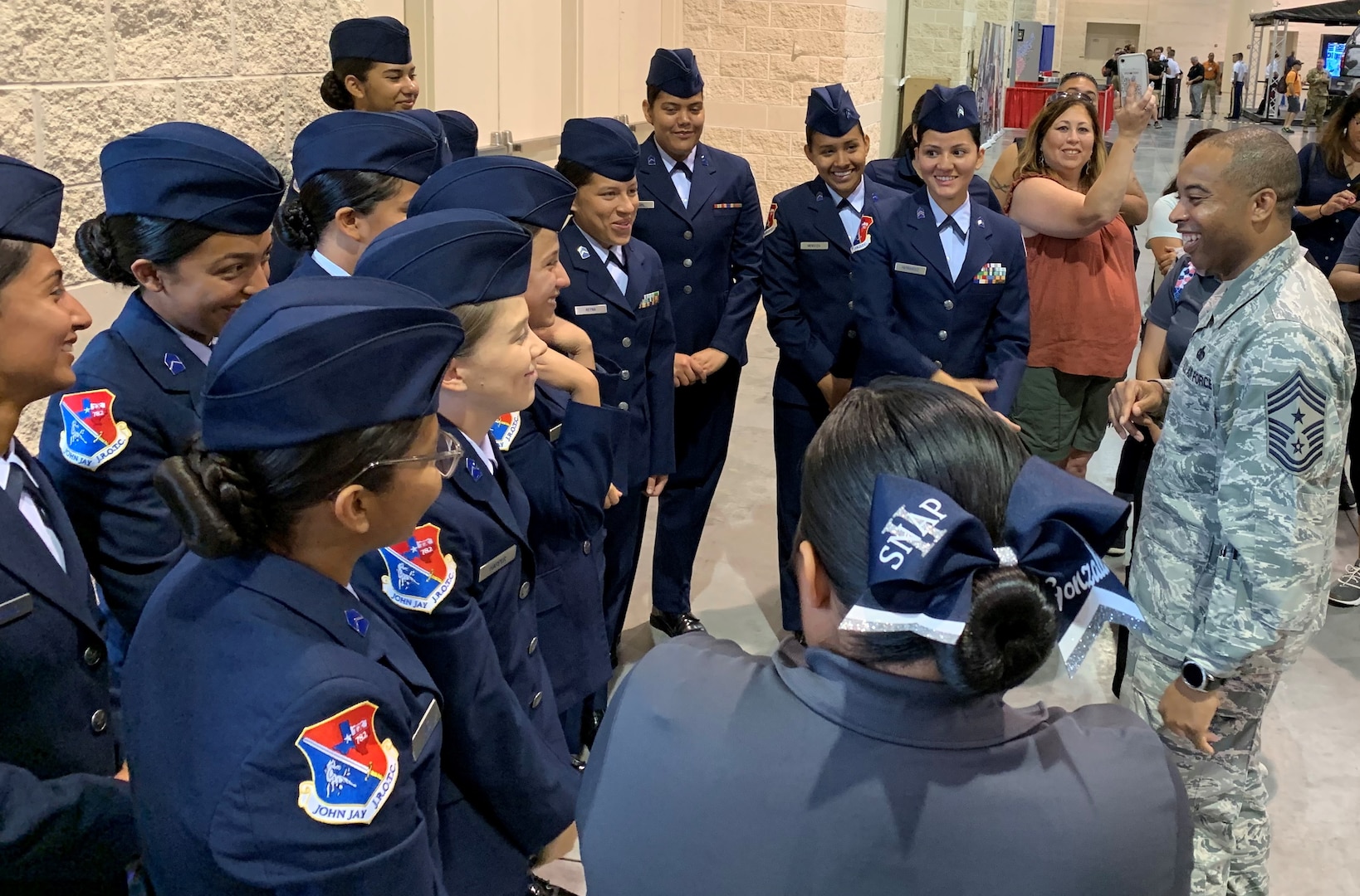 John Jay High School’s Unarmed Drill Team Air Force Junior Reserve Officer Training Corps cadets receive words of inspiration from U.S. Air Force Chief Master Sgt. Jermaine Evans (right), Holm Center command chief, May 3-5, 2019, at Maxwell Air Force Base, Alabama. More than 900 Air Force Junior ROTC cadets took part in the competition. Of the 151 national-level trophies to be won among all services, the Air Force took home 84.