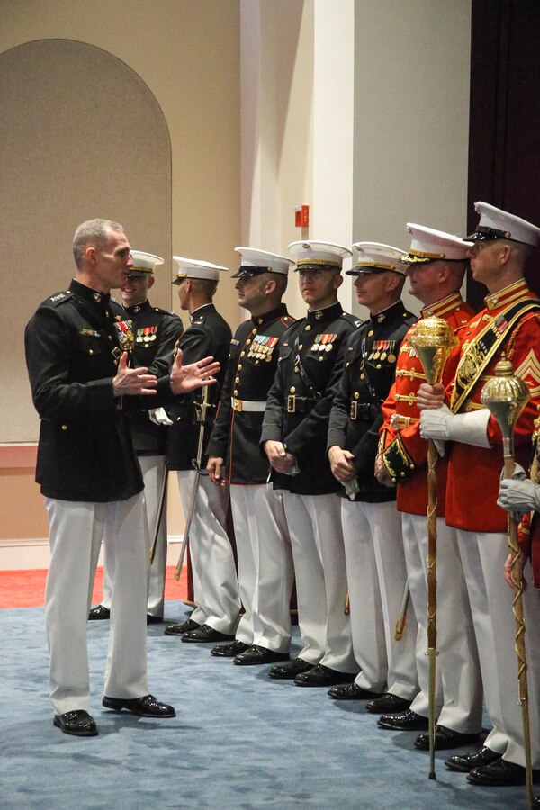 Assistant Commandant of the Marine Corps, Gen. Gary L. Thomas, speaks with key leaders of the Friday Evening Parade at the conclusion of a parade at Marine Barracks Washington D.C., May 10, 2019. The guest of honor for the parade was the Honorable, David L. Norquist, Under Secretary of Defense (Comptroller)/Chief Financial Officer and performing the duties of the Deputy Secretary of Defense, and the hosting official was the Assistant Commandant of the Marine Corps, Gen. Gary L. Thomas. (U.S. Marine Corps photo by Sgt. Robert Knapp/Released)