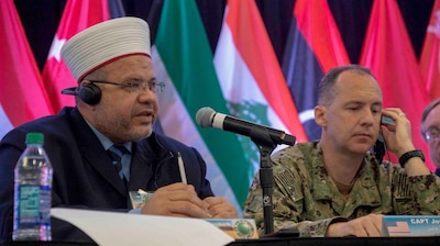 Tampa, Fla. – Grand Mufti of the Jordanian Armed Forces, MG Dr. Majid Darawsheh, addresses attendees at the U.S. Central Command hosted Middle East Directors of Military Intelligence Conference, April 2, 2019. The inaugural conference brought together Directors of Military Intelligence from the Middle East and North Africa and subject matter experts from America’s intelligence and academic community to discuss professionalization and interoperability of military intelligence, and lay the ground work for increased regional intelligence cooperation. (Photo by Ruben Rosario)