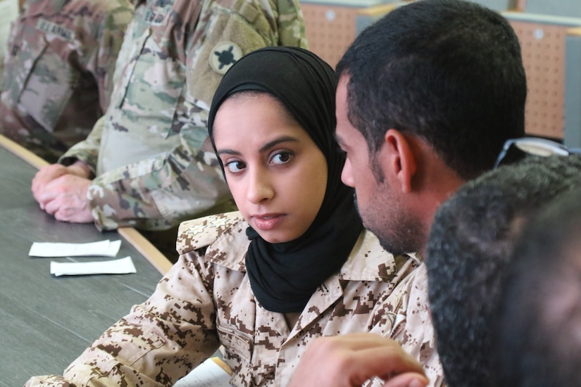 1st Lt. Dana Abdulla, a doctor in the Bahrain Defence Force, prepares a nine line medical evacuation request at the Crown Prince Center of Training and Medical Research in Bahrain, April 16, 2019.