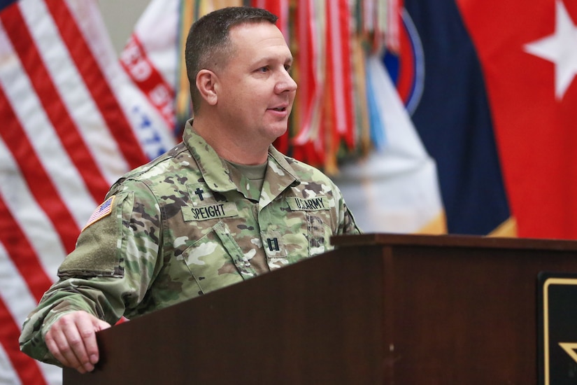 Chaplain (Capt.) Scott D. Speight, the deputy operations chaplain for U.S. Army Central, welcomes the audience during the National Day of Prayer luncheon at USARCENT headquarters on Shaw Air Force Base, S.C., May 2, 2019.