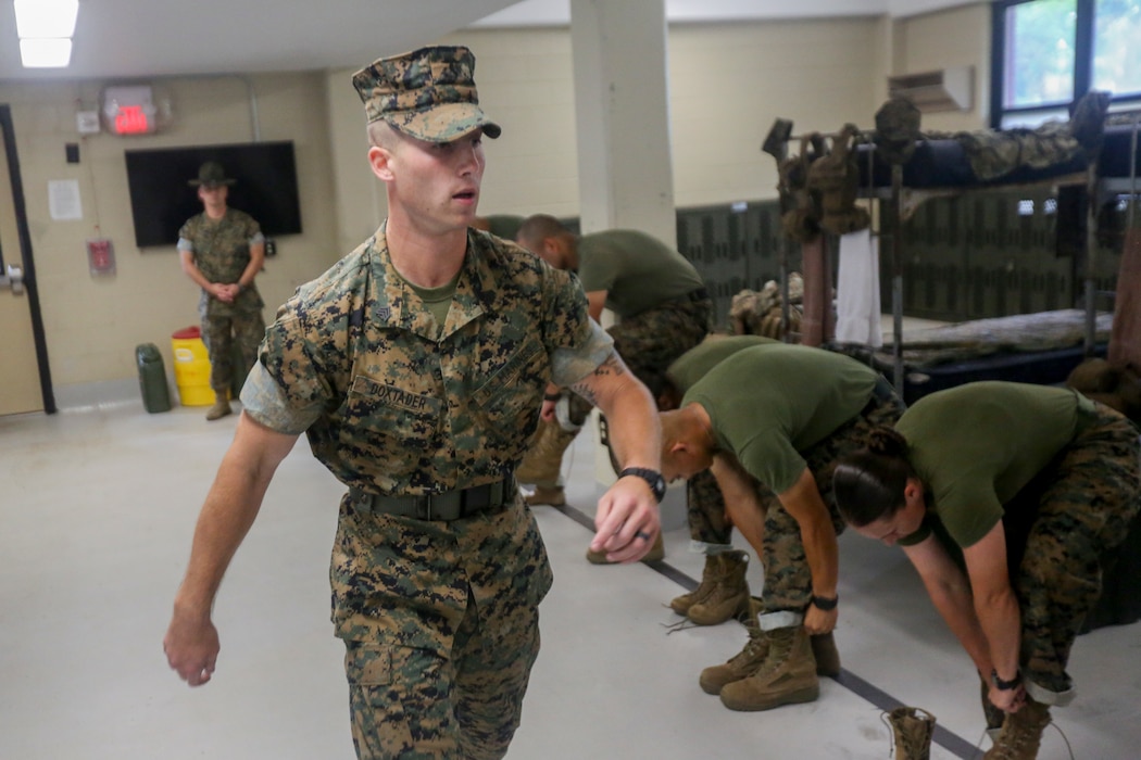 Sgt. Jordan Doxtader, a student at Drill Instructor School, practices squad bay procedures on Marine Corps Recruit Depot Parris Island, S.C., May 7, 2019. Drill Instructor School is a 12 week long training course that focuses on leadership traits and principals. (U.S. Marine Corps photo by Lance Cpl. Dylan Walters)