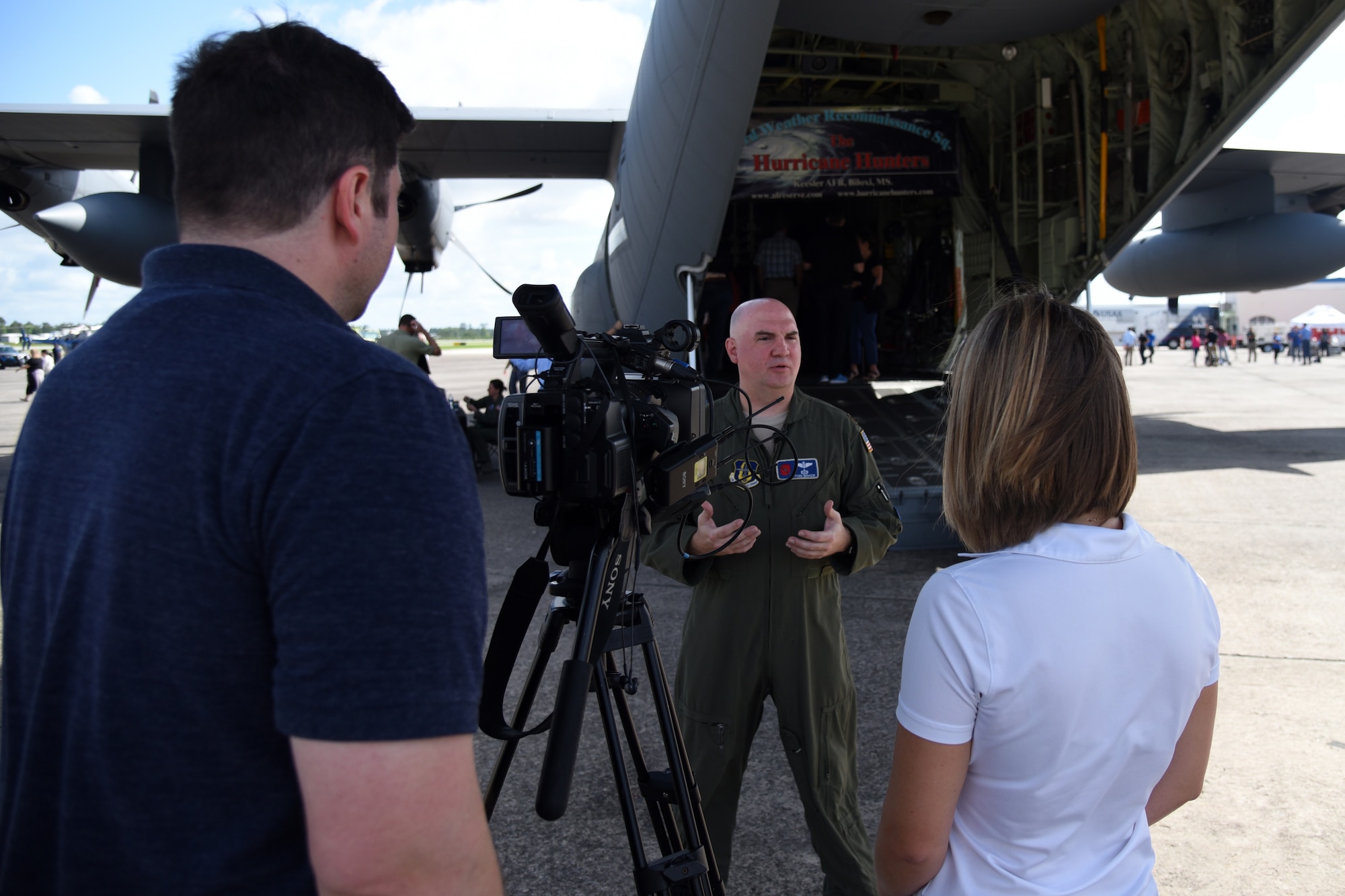 Maj. Tobi Baker, 53rd Weather Reconnaissance Squadron aerial reconnaissance weather officer, talks about his duties and responsibilities as an ARWO during an interview May 10, 2019, in Brunswick, Georgia. Media interviews were conducted during the Hurricane Awareness Tour to help create a weather-ready nation by raising awareness for the upcoming hurricane season occurring June 1-Nov. 30, with emphasis this year on raising awareness about inland flooding. (U.S. Air Force photo by Tech. Sgt. Christopher Carranza)