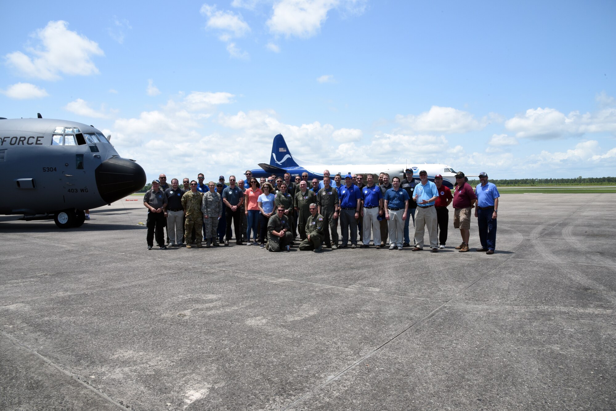 All of the traveling members of the Hurricane Awareness Tour pose for a photo before departing Brunswick, Georgia, May 10, 2019. The purpose of the HAT is to help create a weather-ready nation by raising awareness for the upcoming hurricane season occurring June 1-Nov. 30, with emphasis this year on raising awareness about inland flooding. (U.S. Air Force photo by Staff Sgt. Diana Cossaboom)