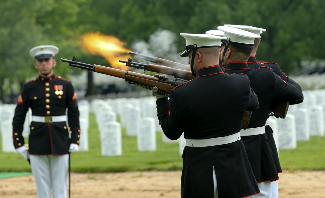 Marines with Marine Barracks Washington D.C., fire a three-round volley during a full honors funeral for Staff Sgt. Benjamin S. Hines at Arlington National Cemetery, Arlington, Virginia, May 10, 2019. Hines was killed in action on Monday, April 8, 2019 in Afghanistan, alongside two of his fellow Marines while deployed with the 25th Marine Regiment, 4th Marine Division, Marine Forces Reserve. The unit deployed as a part of a NATO program to train and advise Georgian infantry troops. (U.S. Marine Corps photo by Pfc. Allen Sanders)