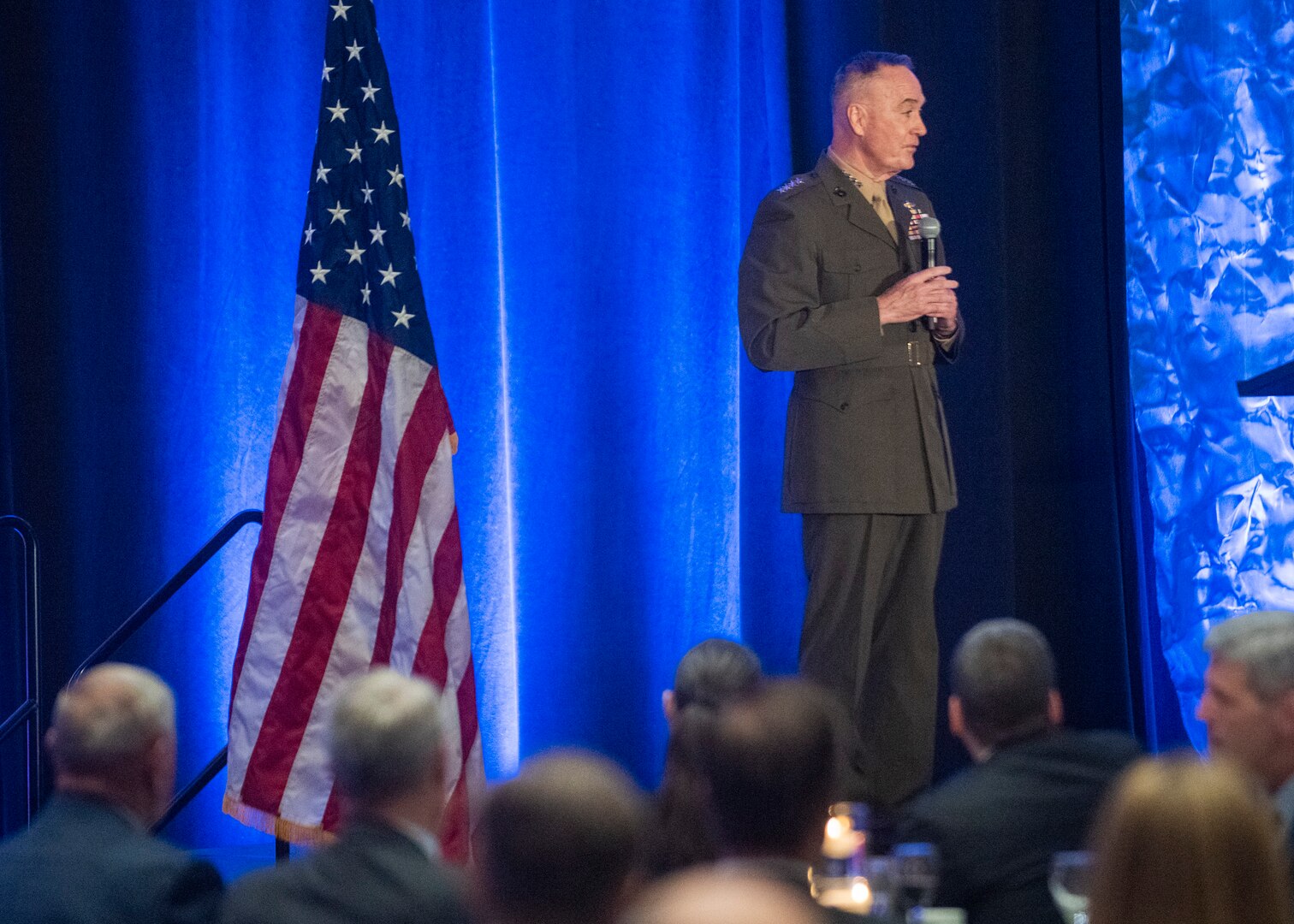Marine Corps Gen. Joe Dunford, chairman of the Joint Chiefs of Staff, addresses the crowd after receiving the 2019 Dwight D. Eisenhower award at the National Defense Industrial Association dinner in Arlington, Virginia, May 10, 2019.