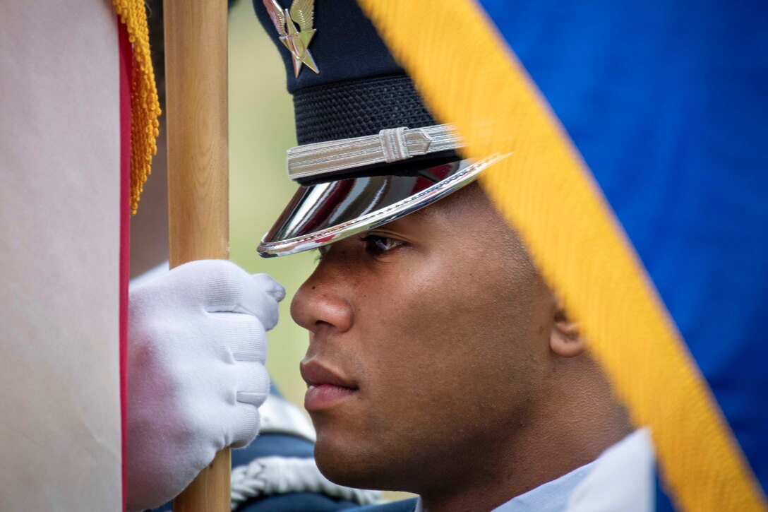 An airman, shown in profile, holds up a flag.