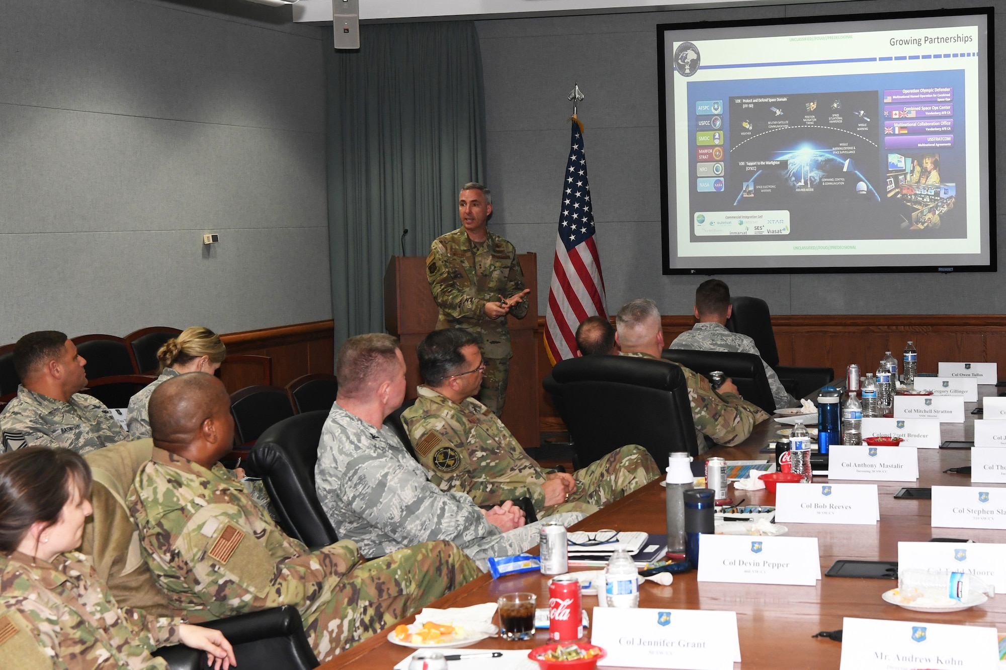 Maj. Gen. Stephen Whiting, 14th Air Force commander, speaks to wing commanders and leaders during a commander’s conference at Peterson Air Force Base, May 7, 2019. During the conference Whiting delivered guidance associated with the 14th Air Force strategic plan, key initiatives, and organizational changes designed to support the future standup of U.S. Space Command. During the conference Lt. Gen. (ret) Glen “Wally” Moorhead, Department of Defense space mentor, and former 50th Space Wing commander, also met with the space commanders to reflect on how they can lead through change, and prepare for a war in space. (U.S. Air Force photo by Maj. Cody Chiles)