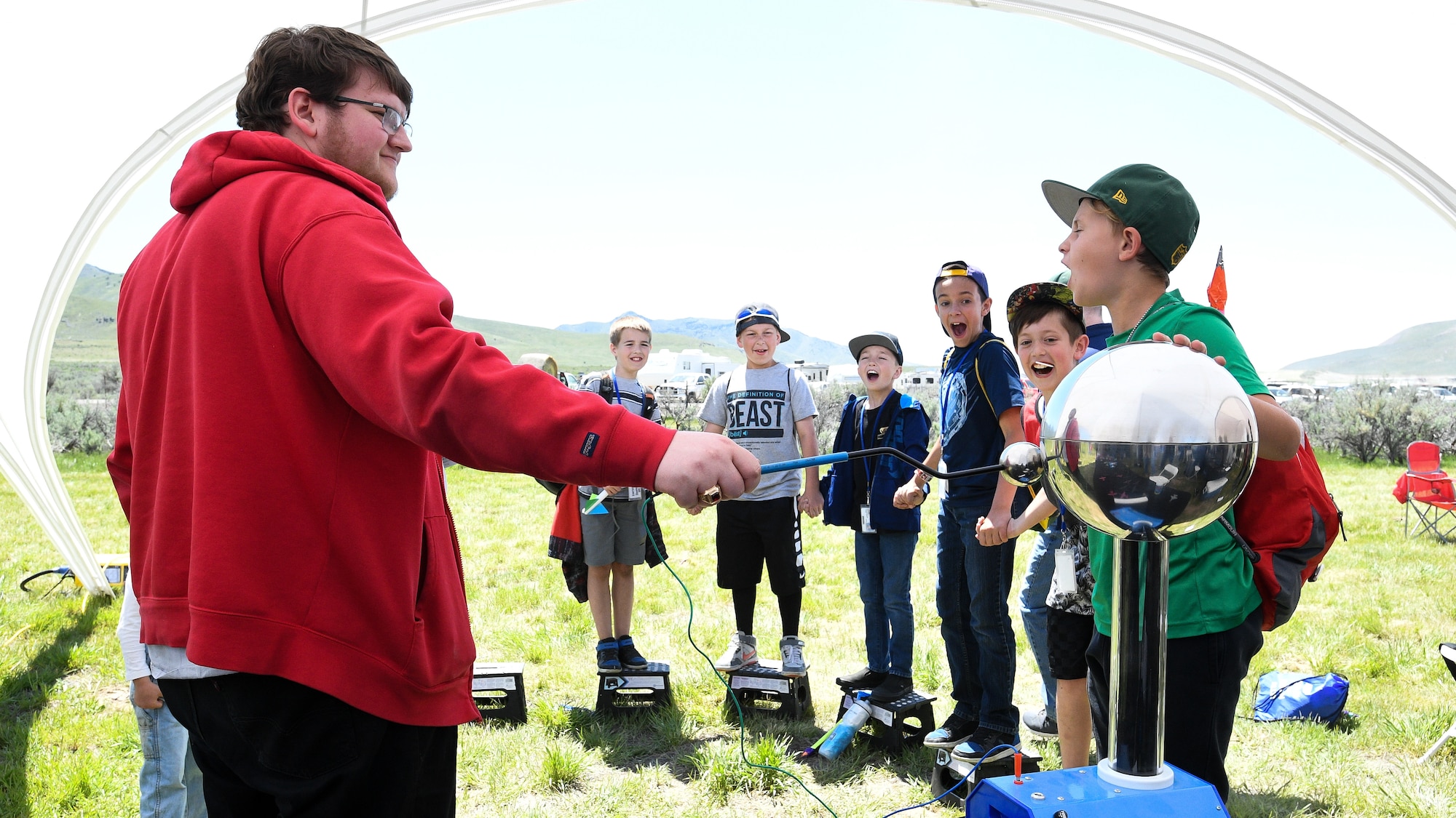 Lance Gerday demonstrates an electrostatic generator during the Golden Spike Sesquicentennial Celebration May 10, 2019, at Promontory Summit, Utah. Event festivities included an “Innovation Summit” that focused on STEM-related activities hosted by Hill Air Force Base, industry, and secondary and higher education. (U.S. Air Force photo by R. Nial Bradshaw)