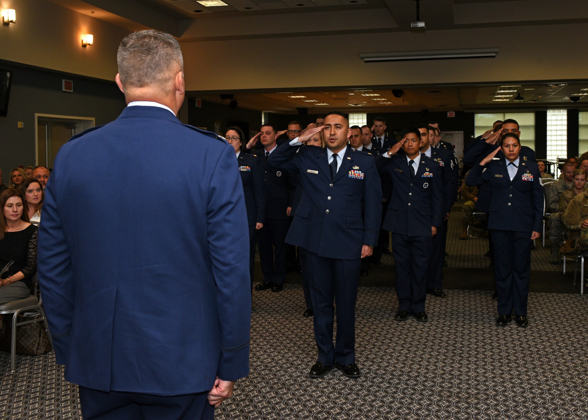 U.S. Air Force Lt. Col. Herbert Millet III officially takes command of the 313th Training Squadron from Lt. Col. David Sarabia during a change-of-command ceremony at the event center on Goodfellow Air Force Base, Texas, May 10, 2019. Millet began his career in the Air Force in 1992 as an enlisted Airman and was commissioned in 2003 through Officer Training School. (U.S. Air Force photo by Airman 1st Class Robyn Hunsinger/released)