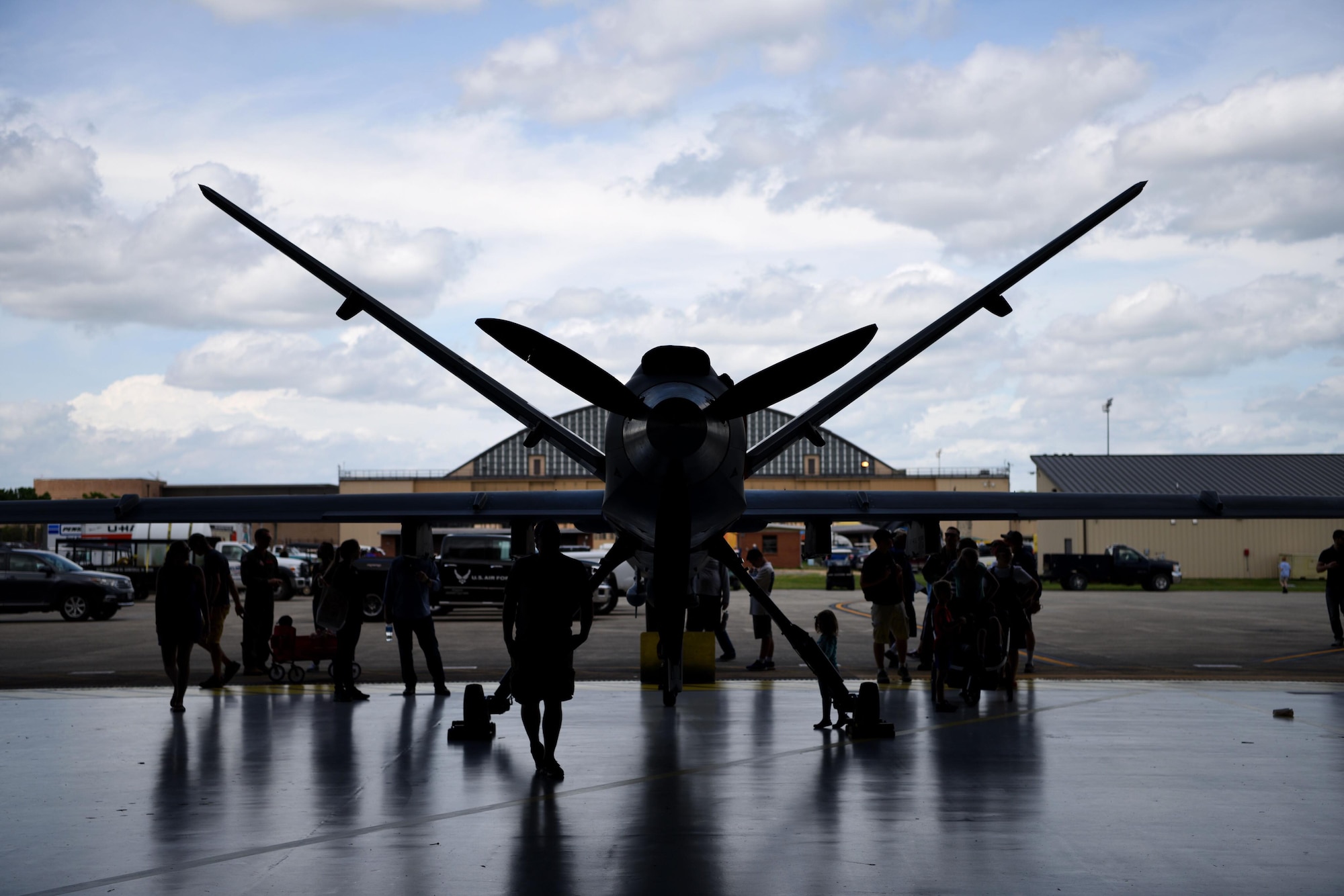 Spectators check out the MQ-9 Reaper during the Joint Base Andrews 2019 Air and Space Expo at Joint Base Andrews, Maryland, May 10, 2019. The MQ-9 Reaper was a static display at this year’s show celebrating legends in flight. (U.S. Air Force photo by Airman 1st Class Haley Stevens)