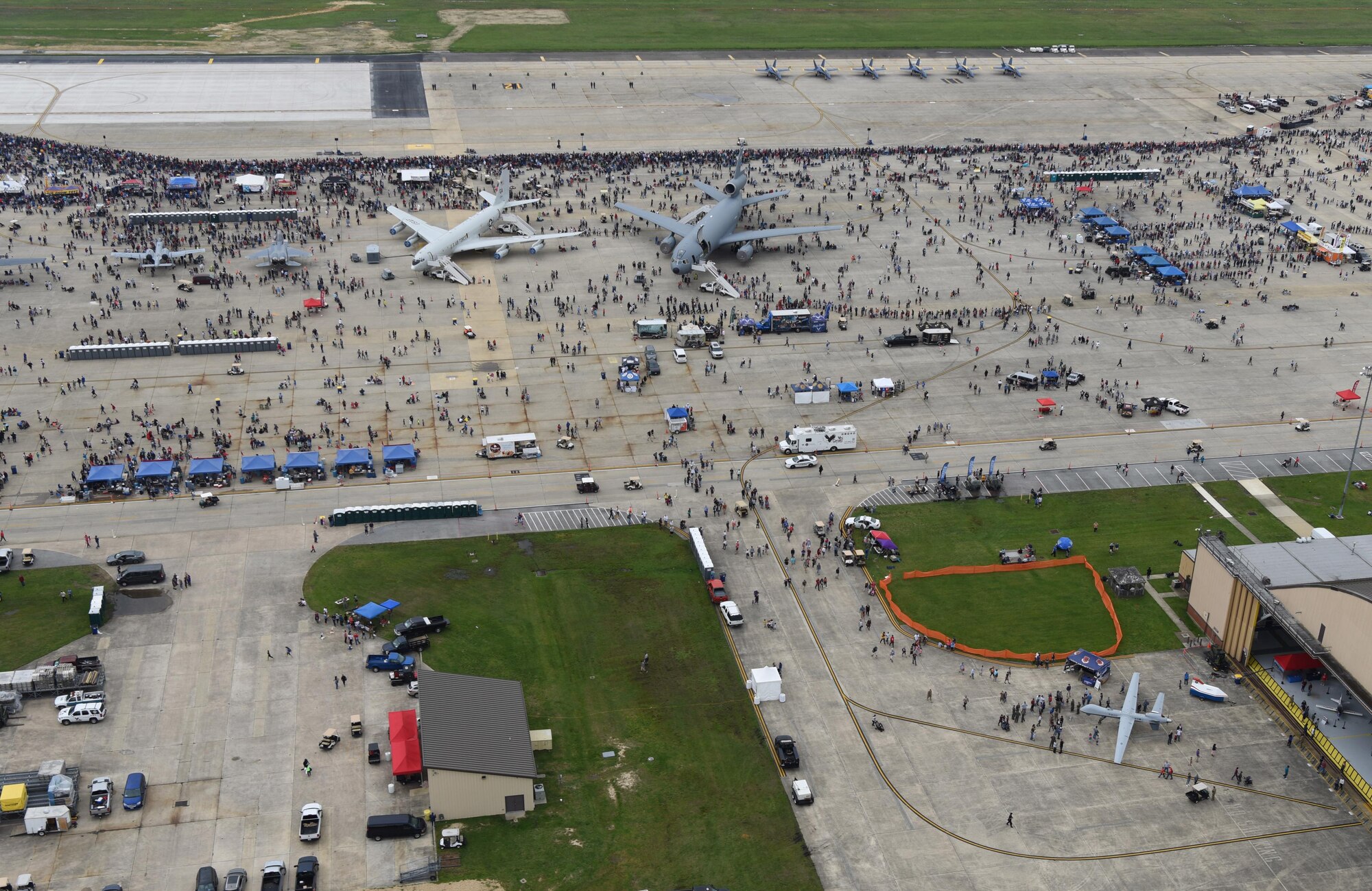 An aerial view of the flight line during the Joint Base Andrews 2019 Air and Space Expo at Joint Base Andrews, Maryland, May 10, 2019. Displayed among aircraft like the T-38 Talon and C-5 Galaxy, the MQ-9 Reaper was the only Remotely Piloted Aircraft in attendance at this year’s airshow. (U.S. Air Force photo by Airman 1st Class Haley Stevens)