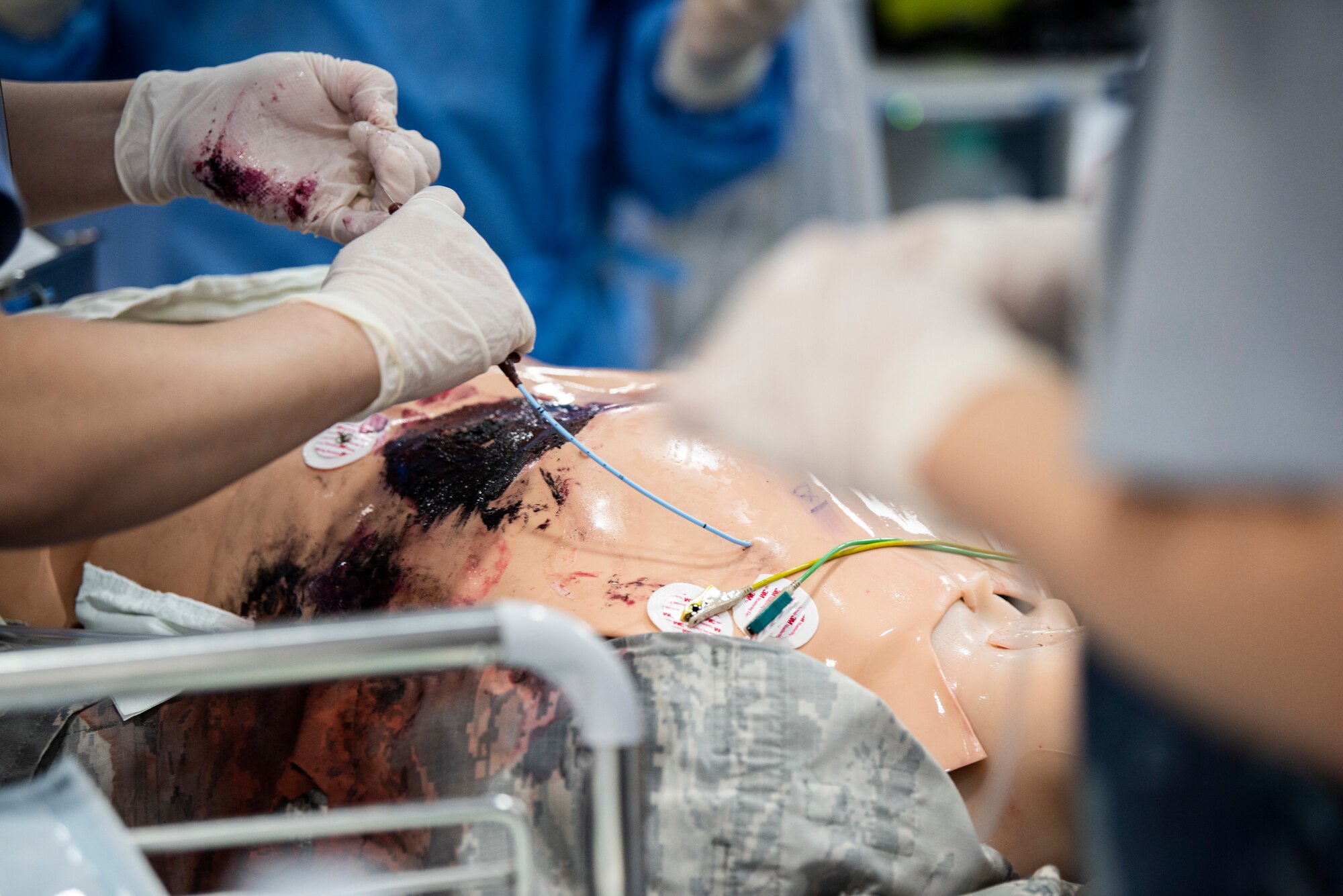 Medical staff perform surgery on a simulated patient at Wonkwang University Medical Center, Republic of Korea, May 8, 2019. The 8th Medical Group coordinated with Wonkwang to exercise emergency medical flight transport procedures and transfer a simulated patient from Kunsan Air Base to the hospital in Iksan. (U.S. Air Force photo by Senior Airman Stefan Alvarez)