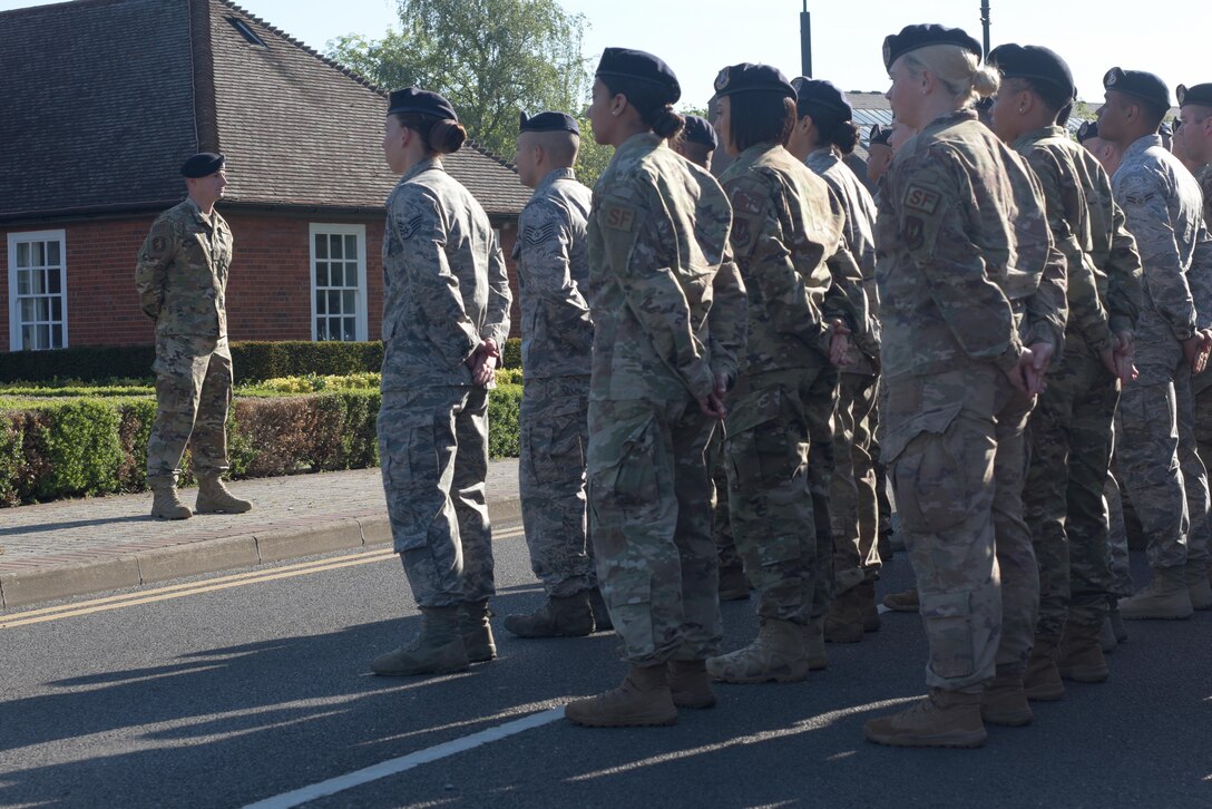 U.S. Air Force 1st Lt. Ricky Sizemore, 100th Security Forces Squadron flight commander, oversees a formation during the opening ceremony for National Police Week at RAF Mildenhall, England, May 13, 2019. National Police Week was first established in 1962 under the directive of former President John F. Kennedy to honor fallen law enforcement officers. (U.S. Air Force photo by Senior Airman Benjamin Cooper)