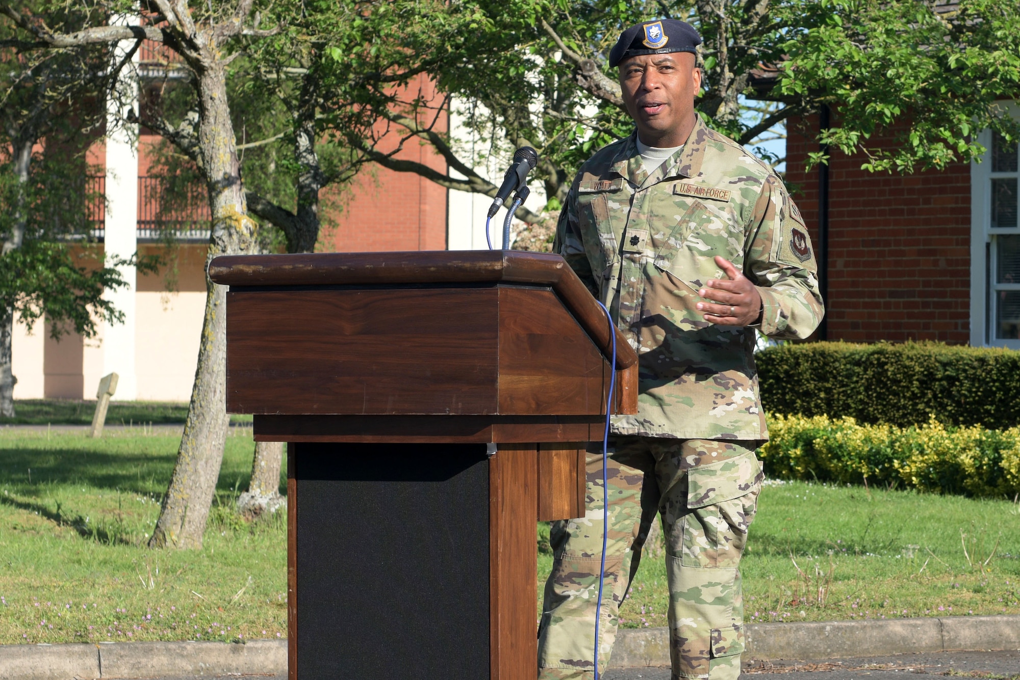 U.S. Air Force Lt. Col. Lawrence Wyatt, 100th Security Forces Squadron commander, speaks at the opening ceremony for National Police Week at RAF Mildenhall, England, May 13, 2019. The purpose of Police Week is to honor law enforcement members who have made the ultimate sacrifice in the line of duty. (U.S. Air Force photo by Senior Airman Benjamin Cooper)