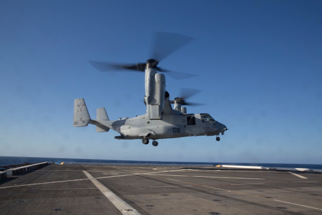 A U.S. Marine Corps MV-22B Osprey with the Special Purpose Marine Air-Ground Task Force-Crisis Response-Africa 19.2, Marine Forces Europe and Africa, takes off of the flight deck aboard the USS Arlington (LPD-24) in the Mediterranean Sea, May 6, 2019. SPMAGTF-CR-AF 19.2 conducted deck-landing qualifications to increase proficiency and decrease crisis-response time for contingencies. SPMAGTF-CR-AF is deployed to conduct crisis-response and theater-security operations in Africa and promote regional stability by conducting military-to-military training exercises throughout Europe and Africa. (U.S. Marine Corps photo by Staff Sgt. Mark E. Morrow Jr.)