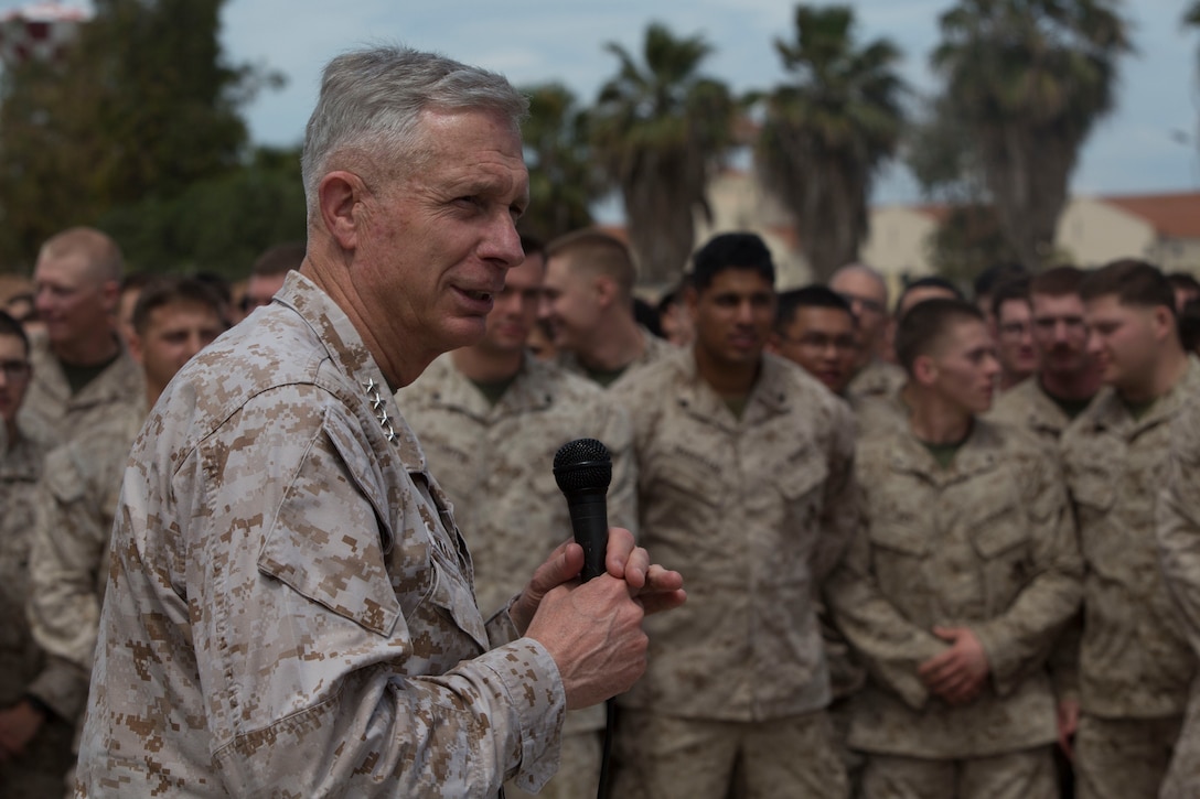 U.S. Marine Corps General Thomas D. Waldhauser, commander, U.S. Africa Command, addresses Marines and Sailors with the Special Purpose Marine Air-Ground Task Force-Crisis Response-Africa 19.2, Marine Forces Europe and Africa, at Naval Air Station Sigonella, Italy, May 9, 2019. General Waldhauser took time to speak with the SPMAGTAF about their and mission and role as a crisis response force. SPMAGTF-CR-AF is deployed to conduct crisis-response and theater-security operations in Africa and promote regional stability by conducting military-to-military training exercises throughout Europe and Africa. (U.S. Marine Corps photo by Staff Sgt. Mark E Morrow Jr.)