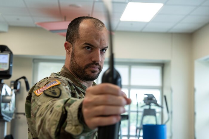 U.S. Army Sgt. 1st Class David Bedford, U.S. Army Central Command explosive ordnance disposal noncommissioned officer, works through his physical therapy regimen at Shaw Air Force Base, S.C., May 10, 2019.
