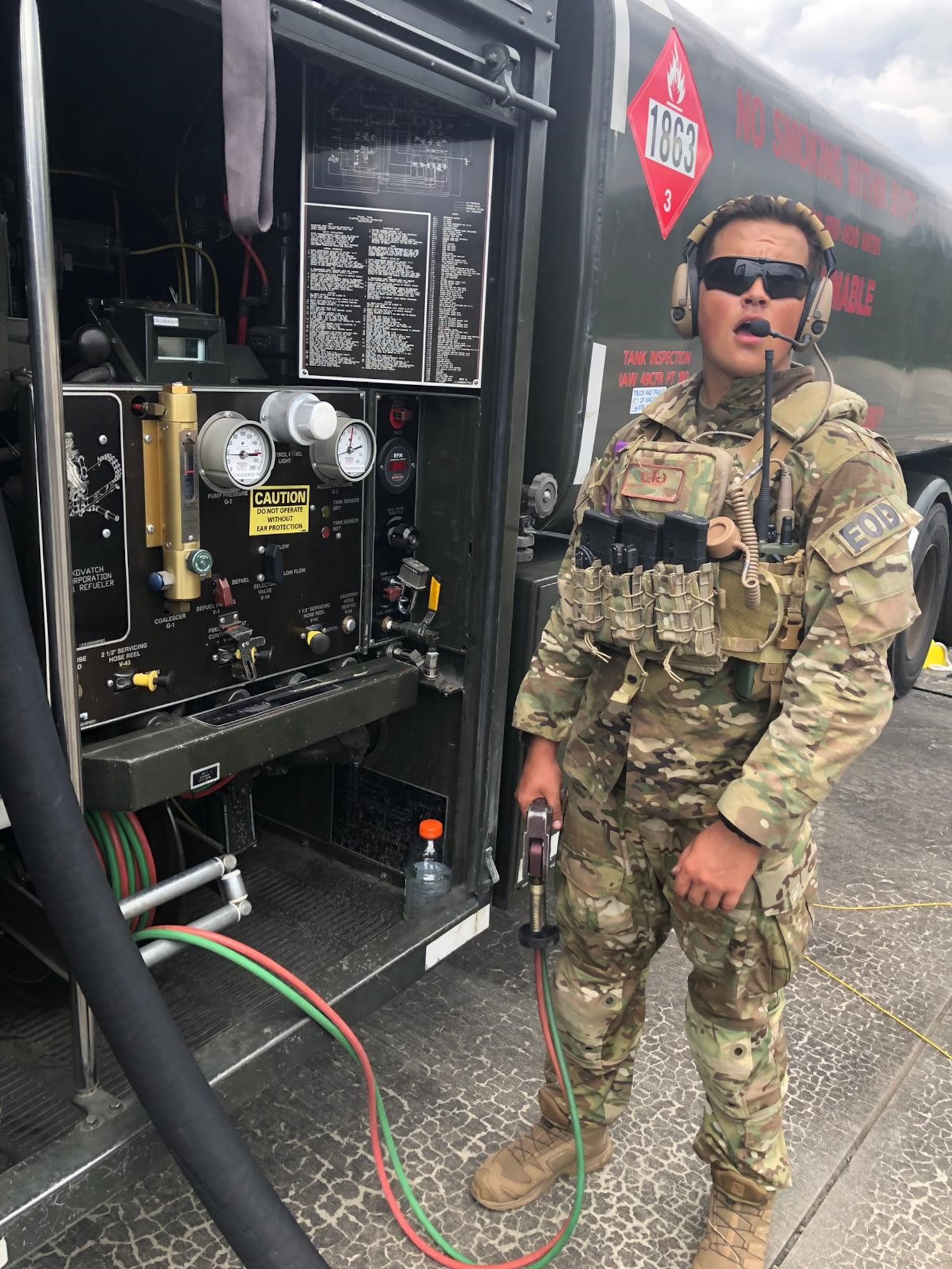 Airman 1st Class Damien Riley, 4th Civil Engineer Squadron Explosives and Ordnance Disposal apprentice, conducts a hot-pit refuel on an F-15E during the Combat Support Wing capstone May 9, 2019, at Moody Air Force Base, Georgia.