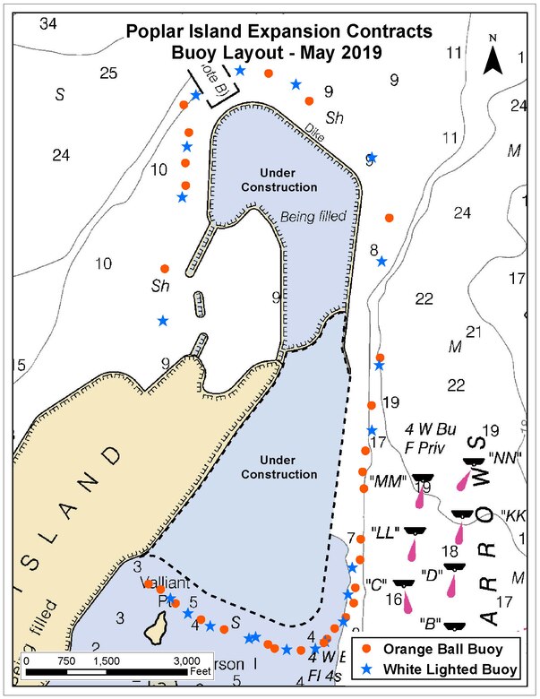 A map depicting the approximate locations of cautionary buoys that surround the construction zone off of Poplar Island. This construction is part of Baltimore District’s Poplar Island expansion project, which is a partnership with the Maryland Port Administration, to create an additional 575 acres of remote island habitat using clean material dredged from the Maryland Chesapeake Bay approach channels to the Port of Baltimore.