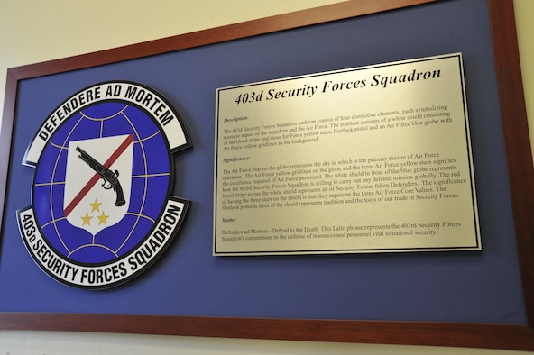 A 403rd Security Forces Squadron emblem display and plaque inside the 403rd Security Forces Squadron building, May 8, 2019, Keesler Air Force Base, Mississippi.  Over 30 members of the 403rd Security Forces Squadron returned from a 180-day deployment to the United Arab Emirates where they provided security to the Al Dhafra Air Base from October 2018 to May 2019.  (U.S. Air Force photo by Tech Sgt. Michael Farrar)