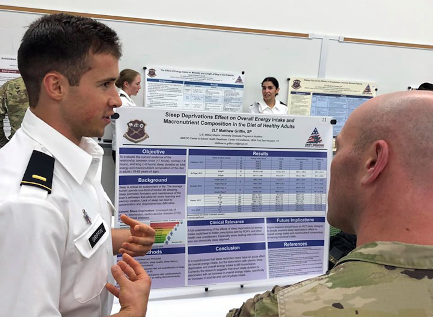 2nd Lt. Matthew Griffin, U.S. Military-Baylor Graduate Program in Nutrition, discusses his research findings regarding the effects of sleep restriction on dietary intake at the 2019 Graduate School Research & Education Symposium.