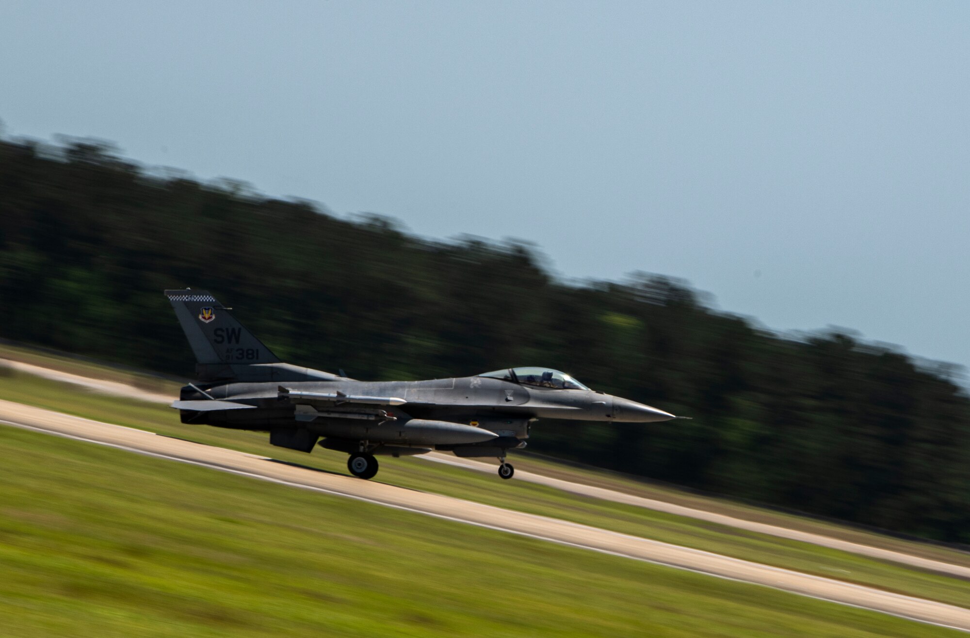 An F-16CM Viper lands on the runway returning from a deployment to an undisclosed location in Southwest Asia to Shaw Air Force Base, S.C., April 30, 2019.