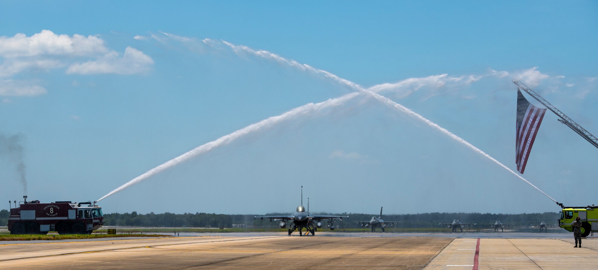 U.S. Air Force pilots assigned to the 55th Fighter Squadron (FS) return from a deployment to an undisclosed location in Southwest Asia to Shaw Air Force Base, S.C., April 30, 2019.