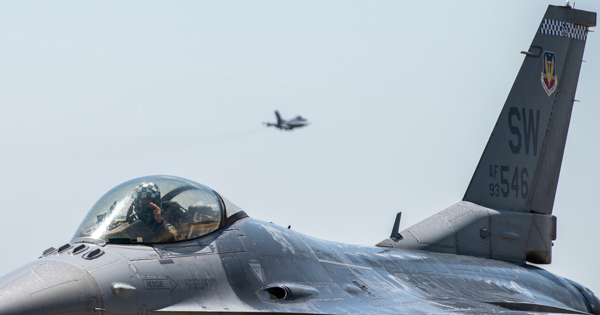 A U.S. Air Force pilot assigned to the 55th Fighter Squadron taxis on the runway after returning from a deployment to an undisclosed location in Southwest Asia to Shaw Air Force Base, S.C., April 30, 2019.