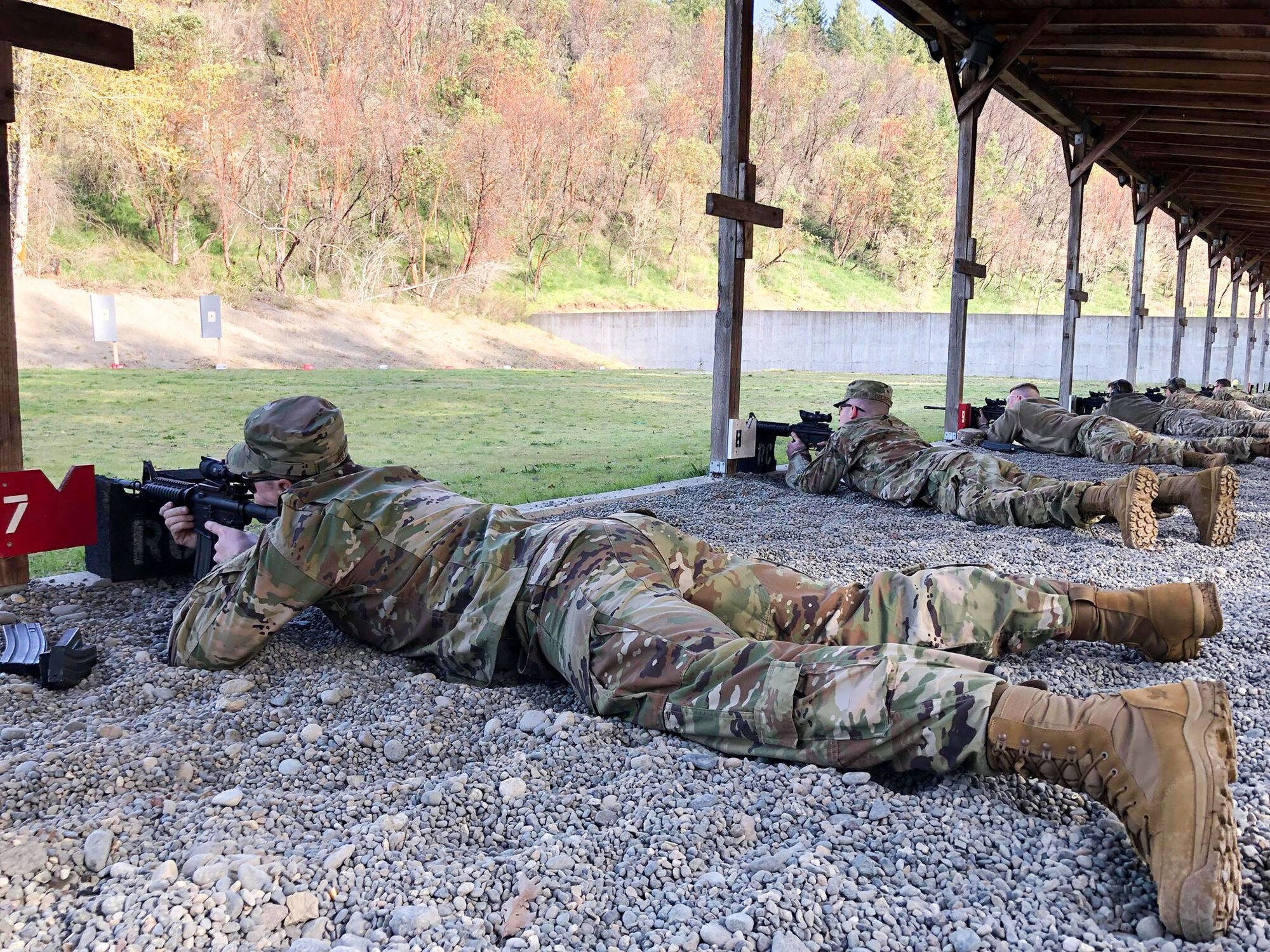Members of the Washington Air National Guard's marksmanship team sight in their rifles at a Joint Base Lewis-McChord range April 4, 2019, prior to their departure to compete at the 2019 Winston P. Wilson Championship held at the Robinson Maneuver Training Center, Arkansas, April 7-10, 2019. (Courtesy photo by Staff Sgt. Shane Key)
