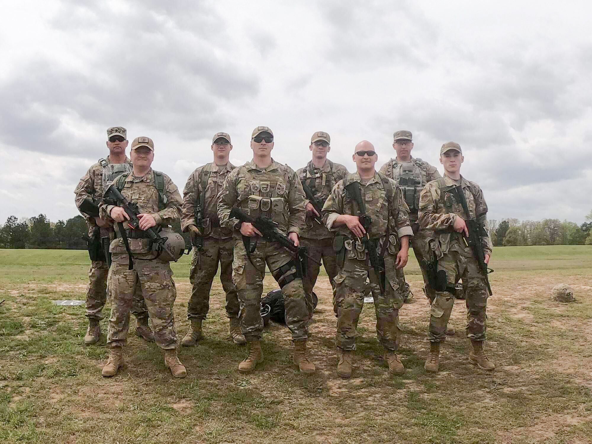 Members of the Washington Air National Guard's marksmanship team pose for a team picture during the 2019 Winston P. Wilson Championship at the Robinson Maneuver Training Center, Arkansas, April 10, 2019.  Pictured in the first row (from left to right) are: Master Sgt. Eric Poe, 225th Support Squadron; Staff Sgt. Shane Key, 225th SS; Master Sgt. Ryan Rathbun, 194th Medical Group; Senior Airman Richard Delinsky 194th Comptroller Flight. 
Second Row: Lt. Col. Richard Gockley, 141st Air Refueling Wing Plans and Programs Office; Tech. Sgt. Cameron Riedl, 225th Air Defense Squadron; Master Sgt. Shay Brockman, 225th ADS; Master Sgt. James Achen, 141st Logistics Readiness Squadron. (Courtesy photo by Staff Sgt. Shane Key).