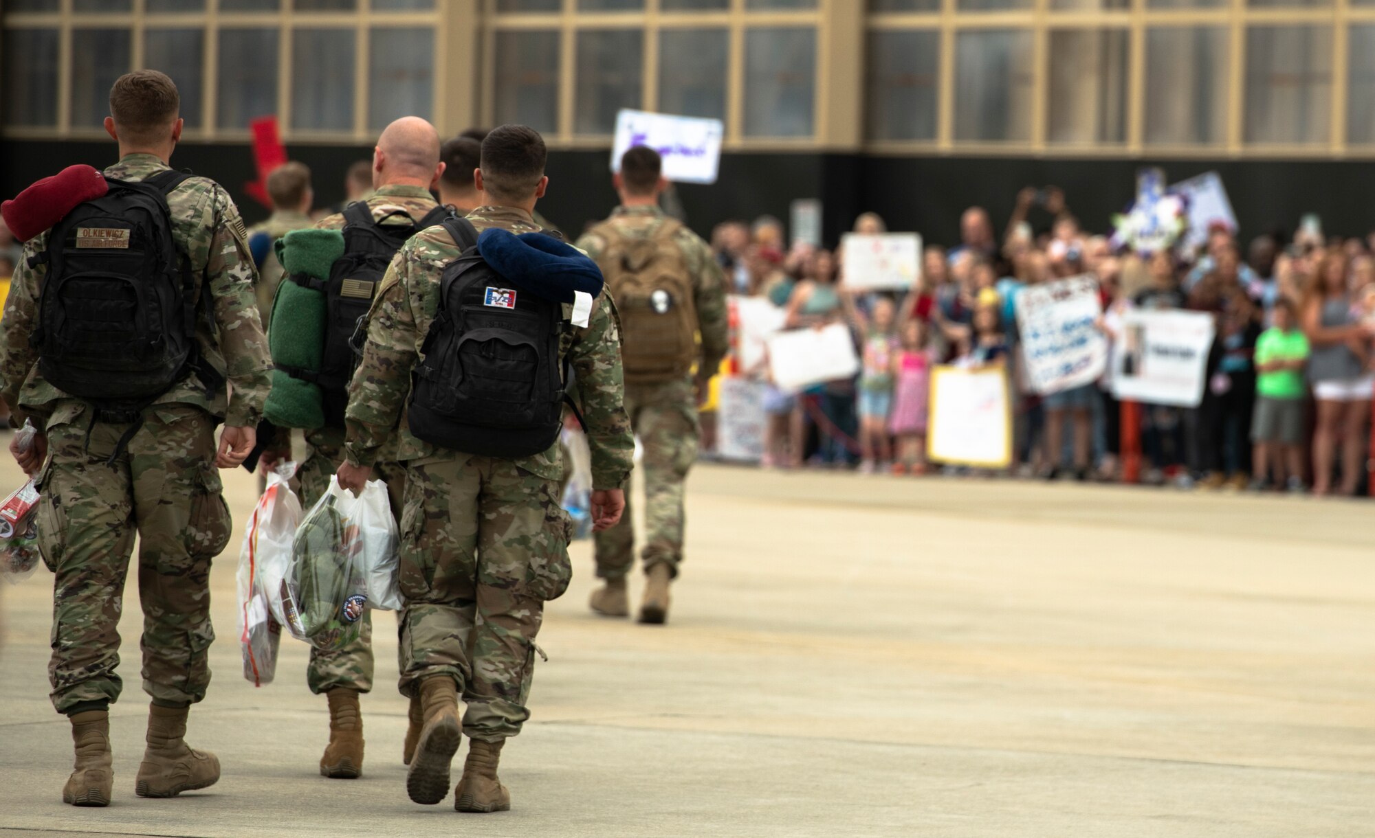 U.S. Airmen assigned to the 55th Fighter Squadron and 20th Aircraft Maintenance Squadron, 55th Aircraft Maintenance Unit as well as supporting units return from a deployment to an undisclosed location in Southwest Asia to Shaw Air Force Base, S.C., May 4, 2019.